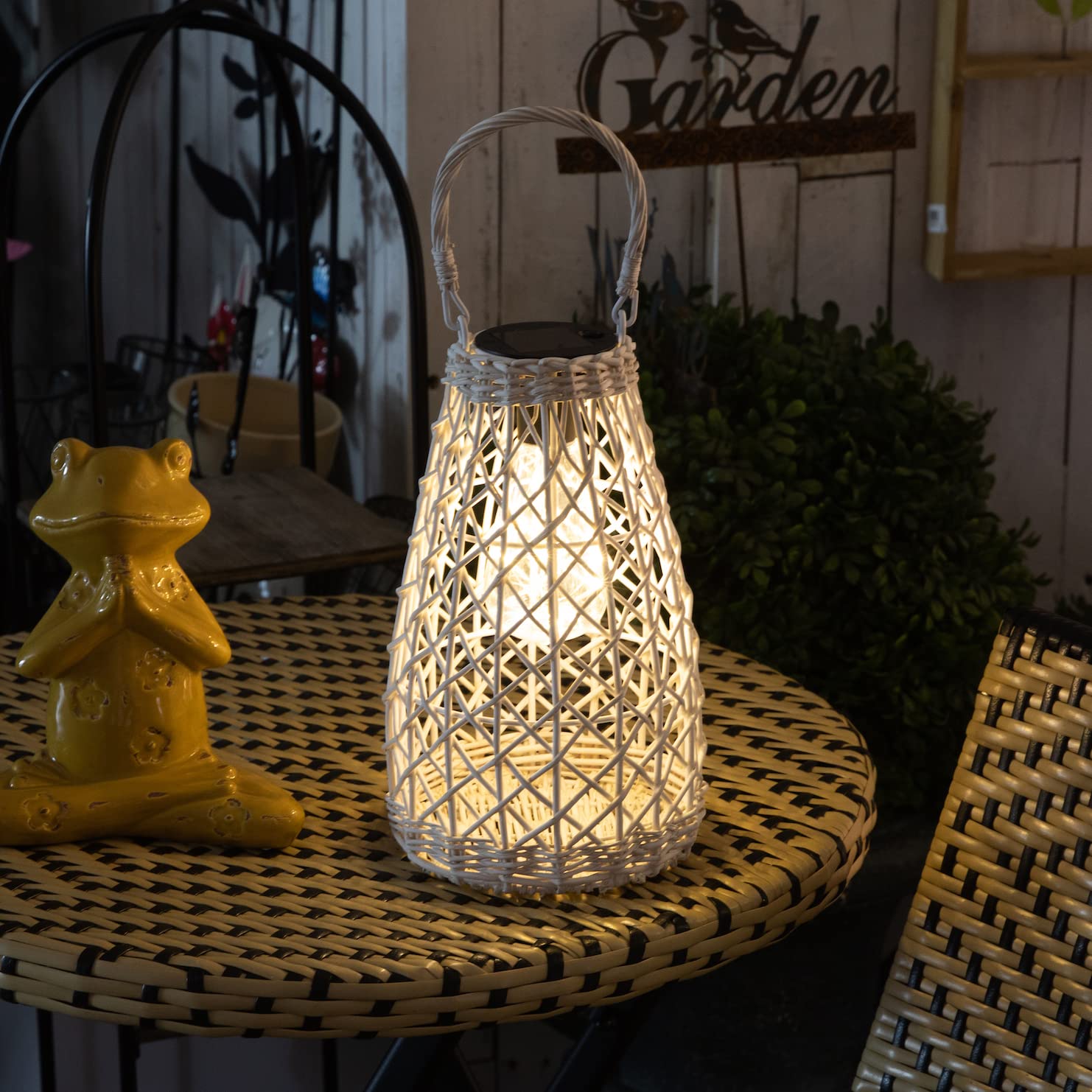 COLLECTIVE HOME - Outdoor Rattan Lantern, Solar Lantern with Handle, Summer Garden Decor, 15" Patio Waterproof Hanging Table Natural Lamp Lights, Wedding Home Decoration, Auto On/Off, Washed White