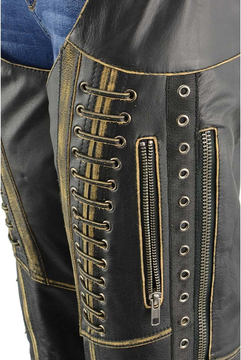 Milwaukee Leather Chaps for Women Black Premium Skin Rubbed Seams- Accented Lace Detailing Motorcycle Chap- MLL6527 - Small