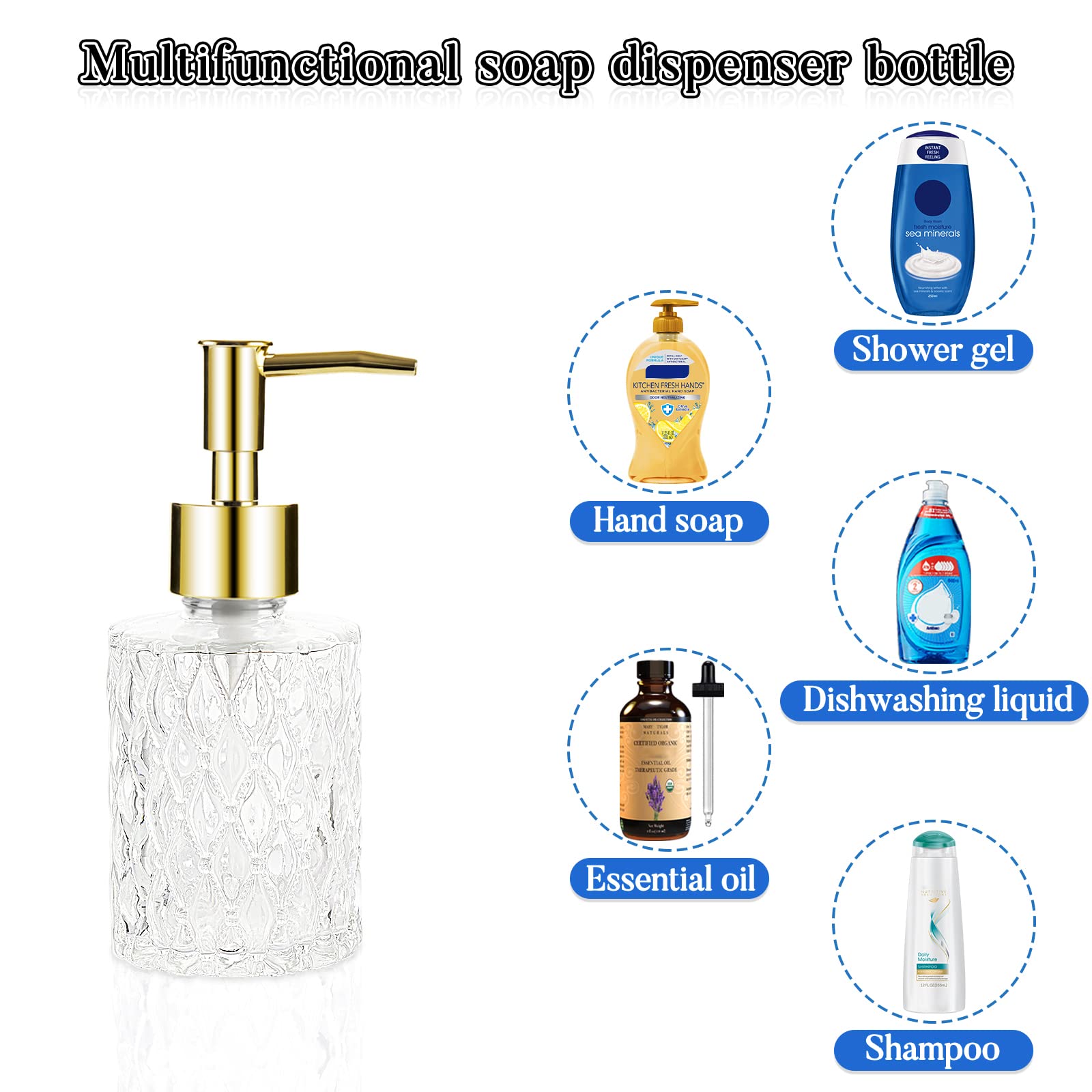 Dispensador de jabón multiusos fácil de limpiar, dispensador de jabón de vidrio, ideal para baño y baño (dorado) 4