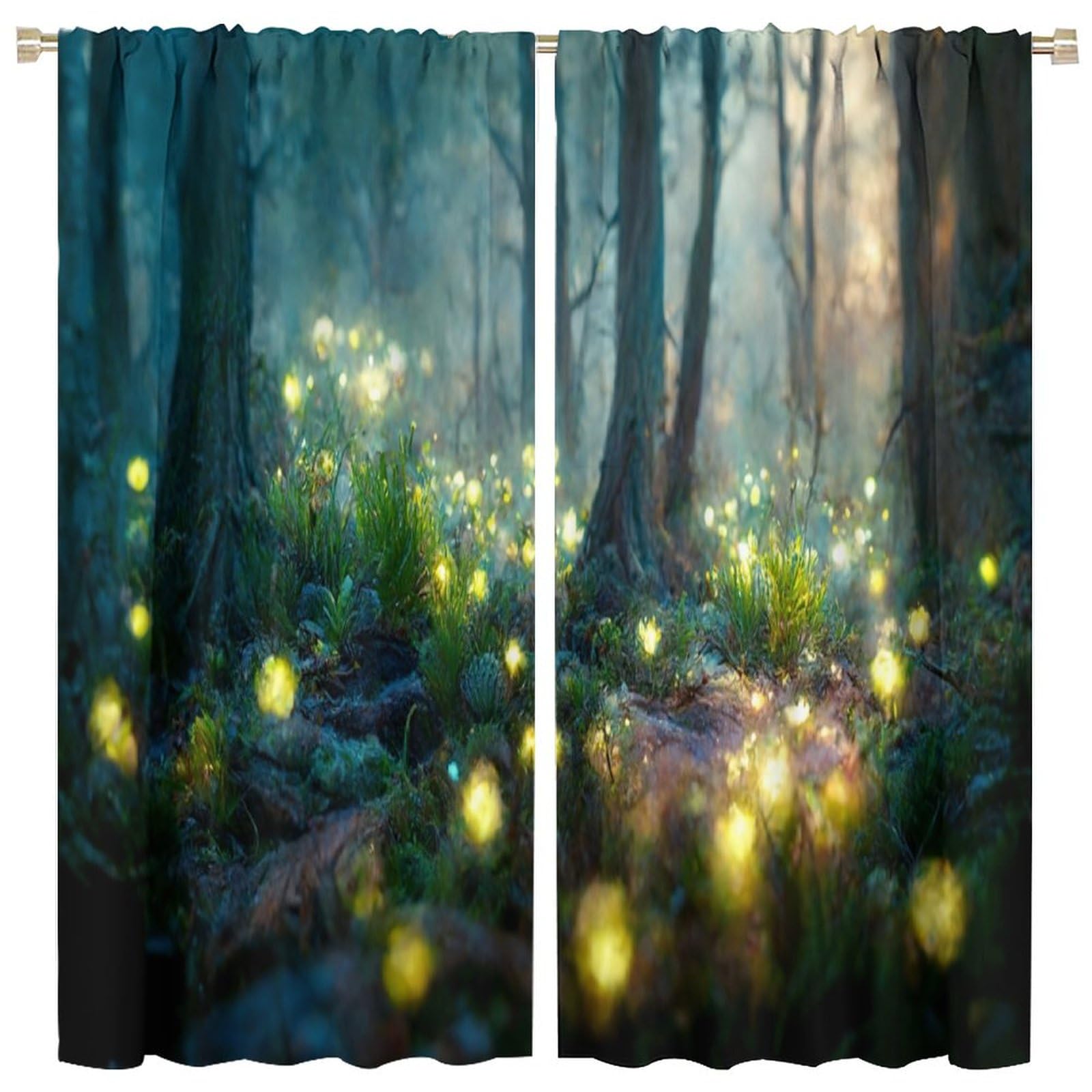 Dark Night Forest Curtain,Forest Path with Glowing Fireflies for Baby Boys Bedroom Nursery Children Drapes 2 Panels 84x84in