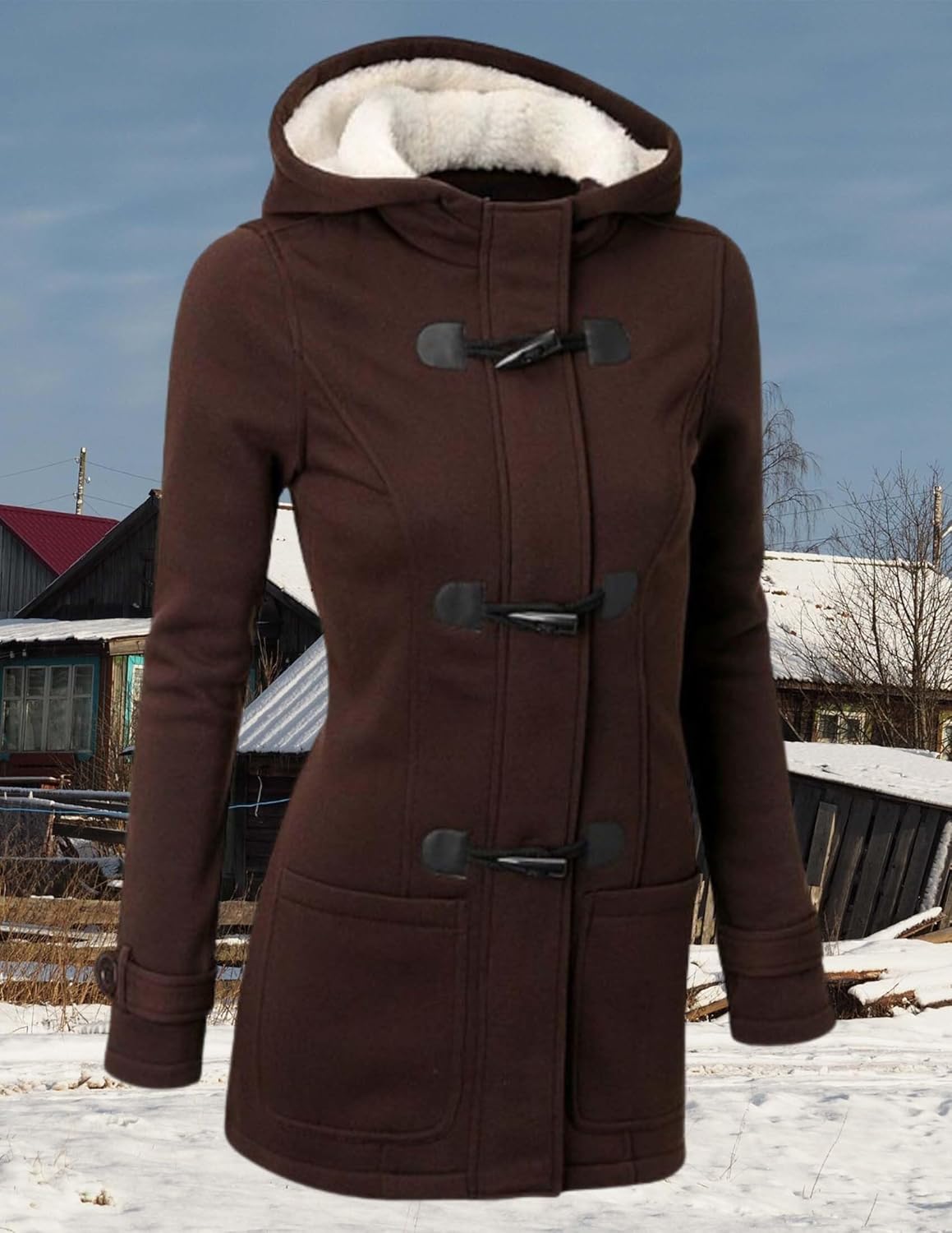 LIZALIG Womens Fashion Horn Button Fleece Thicken Fall Coat with Hood Winter Warm Jacket - Image 3