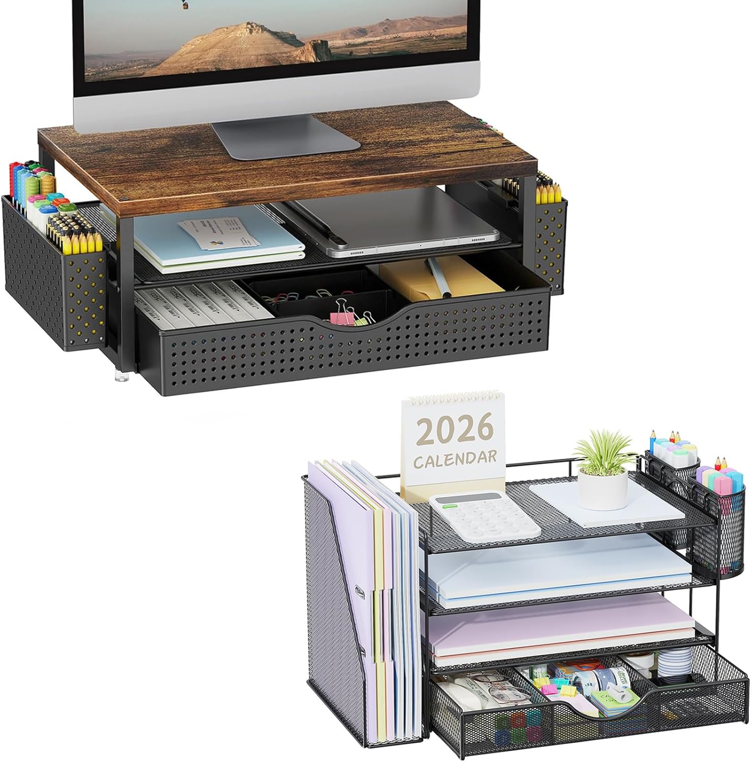 gianotter 4-Tier Paper Letter Tray + Monitor Stand with Storage (Black)