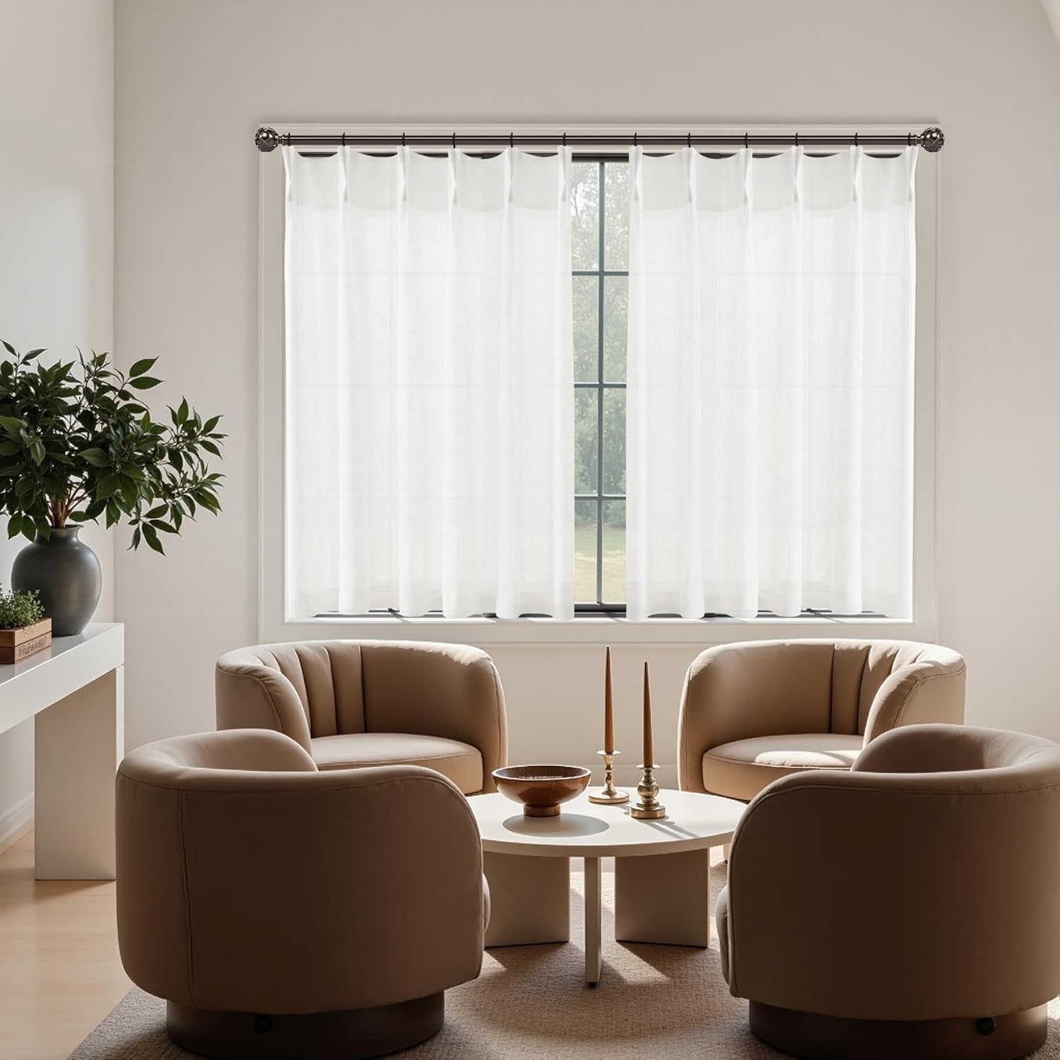 Linen Kitchen Curtains,45 Inch Length Light Filtering Sheer Short Cafe Window Curtains Tier,Pinch Pleated Small Kitchen Drapes for Windows,2 Panels,(36" W x 72" L White)