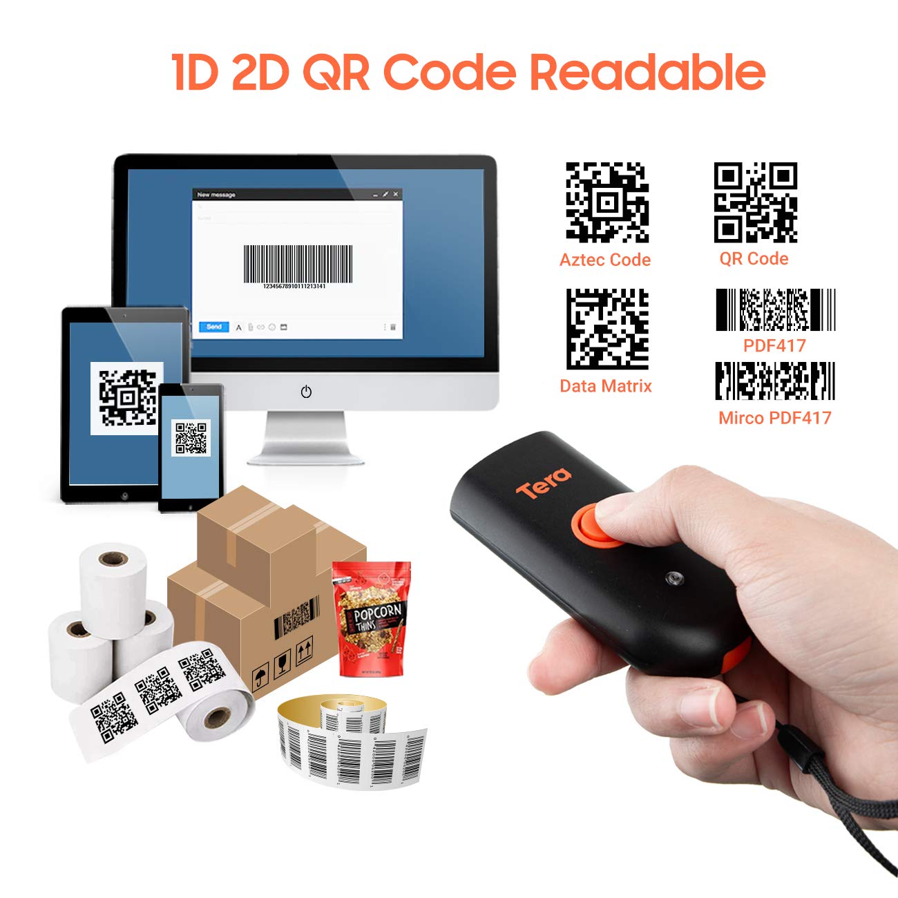 Tera Mini Bluetooth 5.0 Bezprzewodowy Czytnik Kodów Kreskowych 1D 2D 3-en-1 USB Scanner QR Kodów Smartphone iOS Android Windows