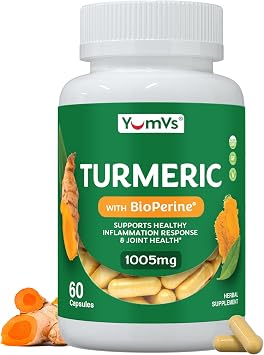 YUM-Vs Turmeric Curcumin Supplement with Black Pepper Made with 100mg Extract + 900mg Raw Organic Turmeric Supplement for Joint Health & Mobility Non-GMO, Gluten Free, Vegetarian 60 Capsules