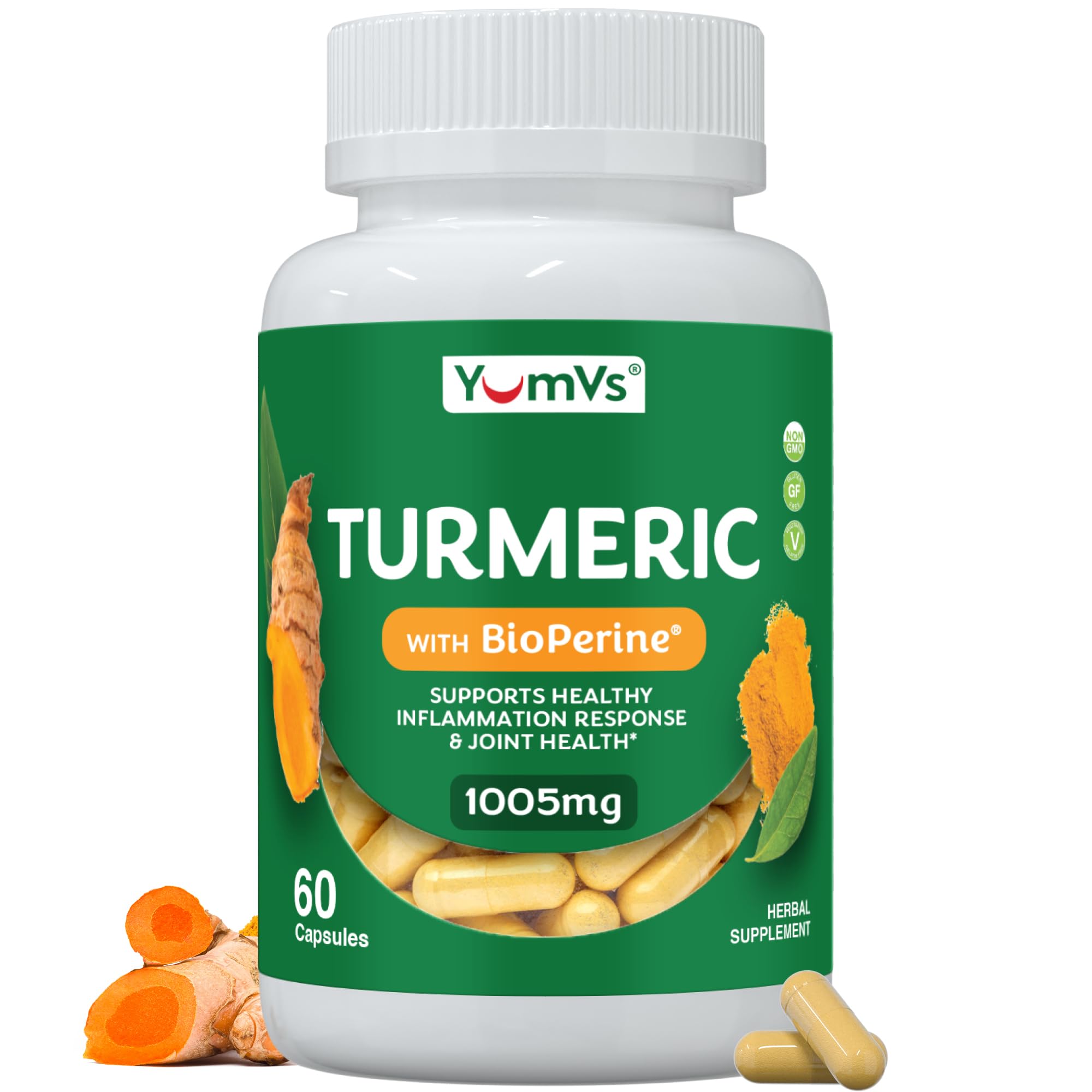 YUM-V'S Turmeric Supplement with Curcumin & Black Pepper (60 Capsules)