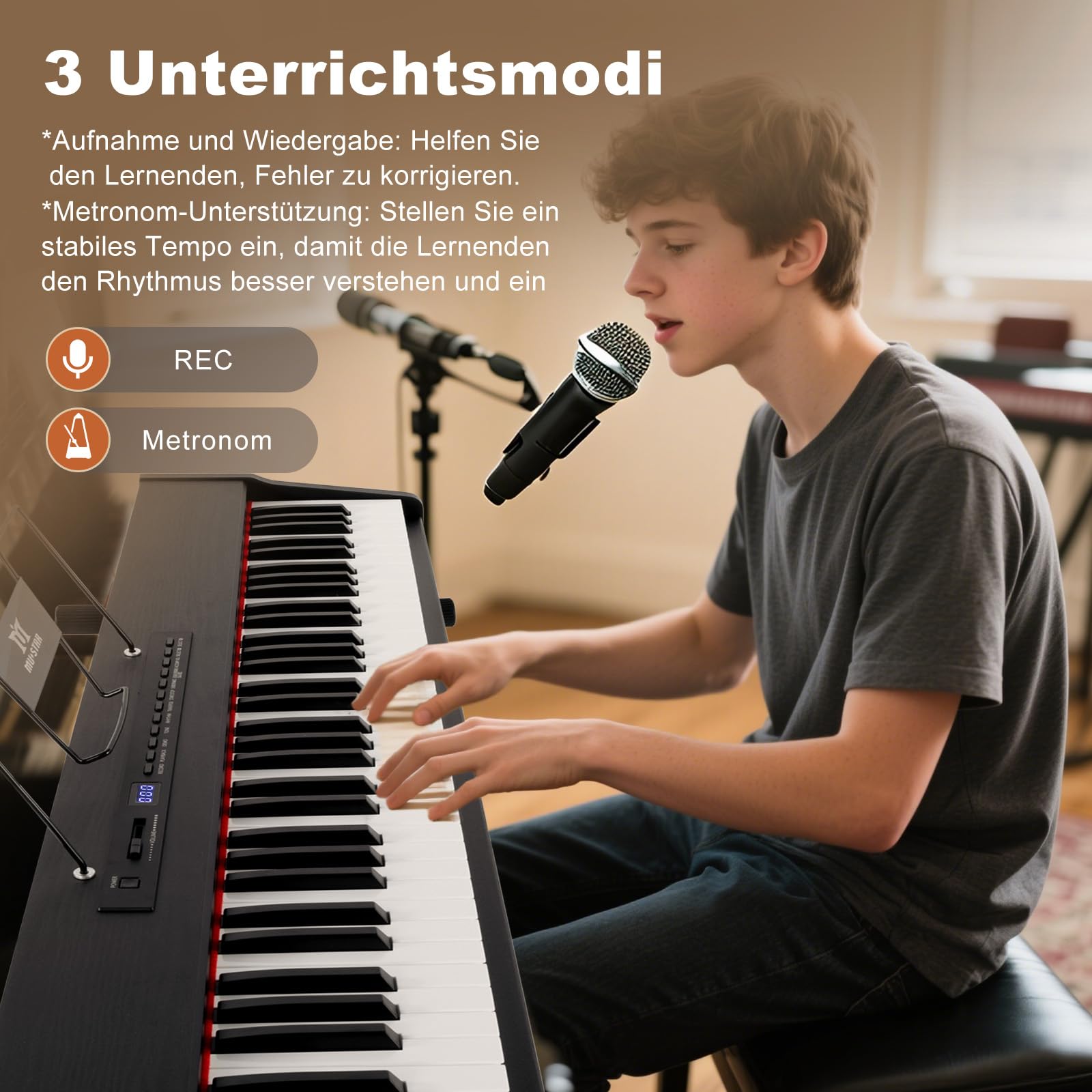 MUSTAR E Piano numérique 88 touches, clavier semi-lesté et Bluetooth, kit portable avec pédale de sustain, support de clavier et sac de transport (noir et banc de piano)