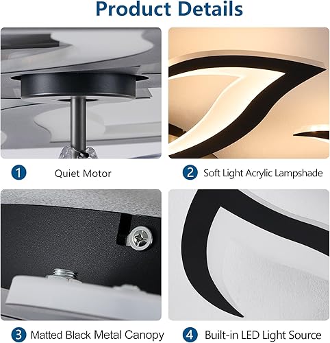 Miniatura 6 de Modern Ceiling Fan with Lights and Remote Control, 32" Black Flush Mount Fan with 3 Light Colors, 6 Speeds, Low Profile for Kitchen and Bedroom