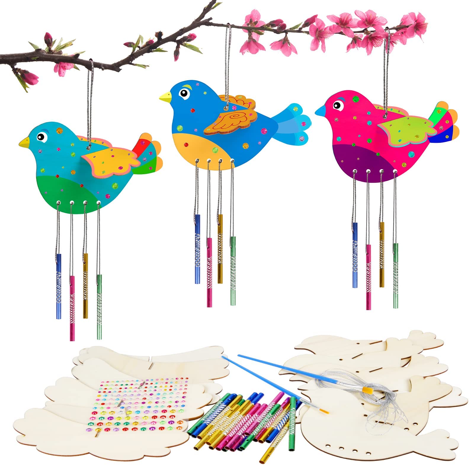 WEDNOK6 Pack Bird Wind Chime Craft Kit for Kids Wooden Bird Windchime Set 3D Birds DIY Wind Chimes for Boys Girls Garden Indoor Outdoor Spring Decoration Birthday Gift