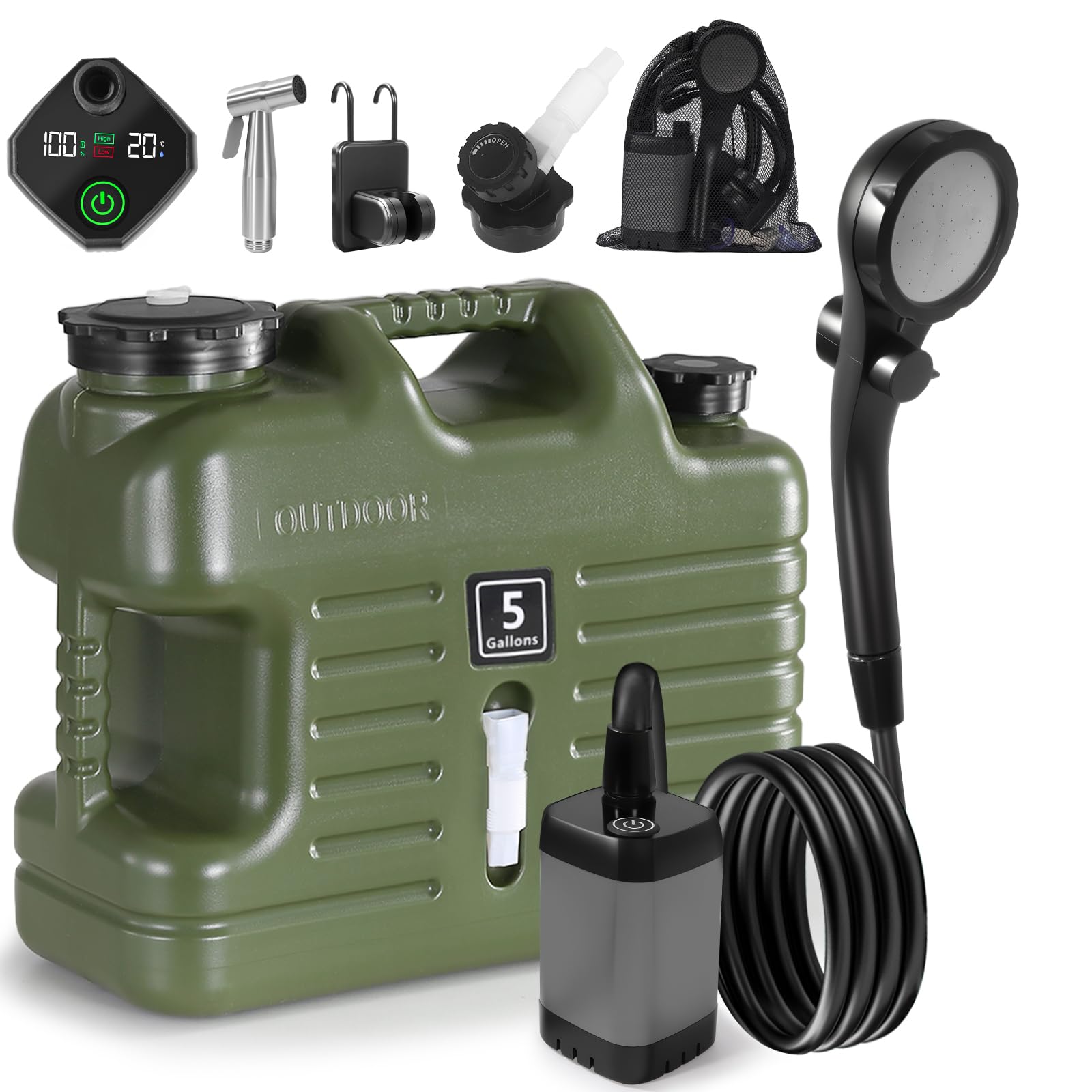 Digury Portable Camping Shower with 5 Gallon Water Jug, 6000mAh Rechargeable Outdoor Camping Shower Kit, IPX7 Waterproof Pump BPA Free Water