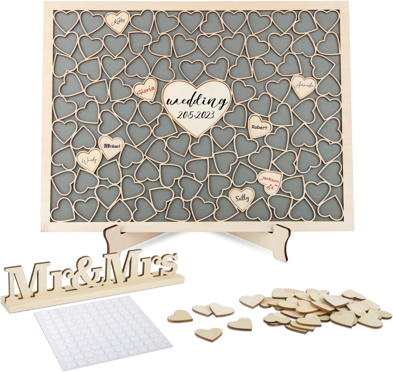 VINFUTUR Wooden Wedding Guest Book Set, Guest Book Frame + Mr&Mrs Sign + 110Pcs Heart Shapes + Glue Dots for Wedding Reception Birthday Party Baby Shower Decoration