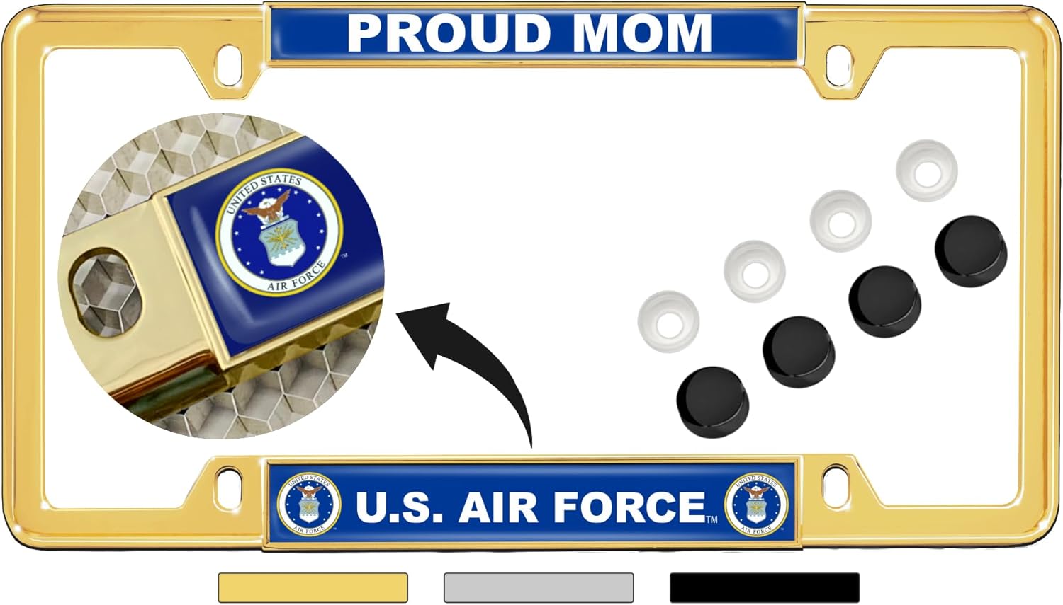 Officially Licensed US Air Force Product - U.S. Air Force Proud Mom - Domed Custom-Made Personalized Narrow (Thin) Top 4 Hole Metal Car License Plate Frame with Free caps - Gold (Qty: 1 Frame)