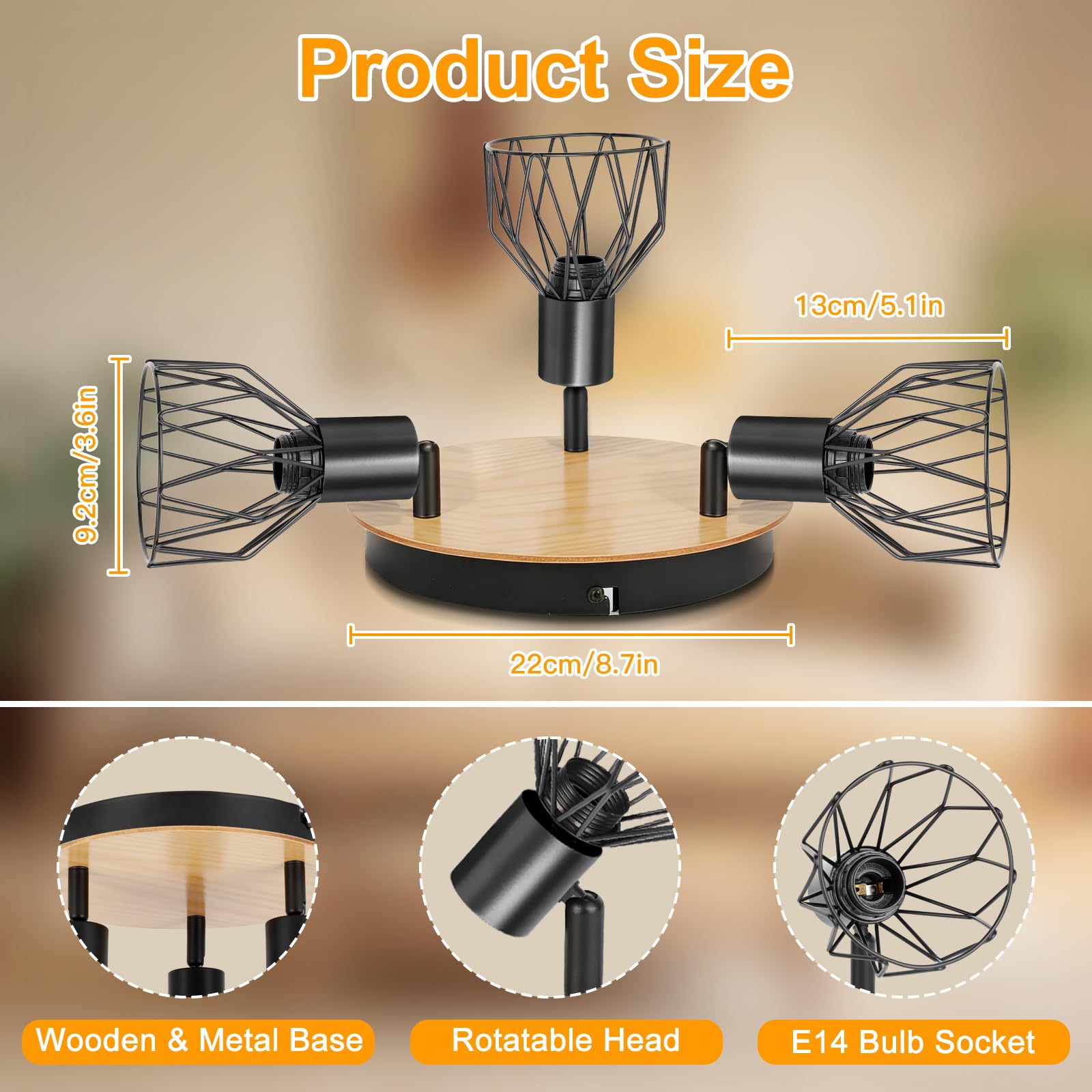 Plafonnier Spot Orientable Luminaire Plafonnier E14 Modèle Bois Spots de Plafond Led Cuisine 3 Spots Noir Plafonnier Industriel pour Cuisine Chambre Salon，Sans Ampoules