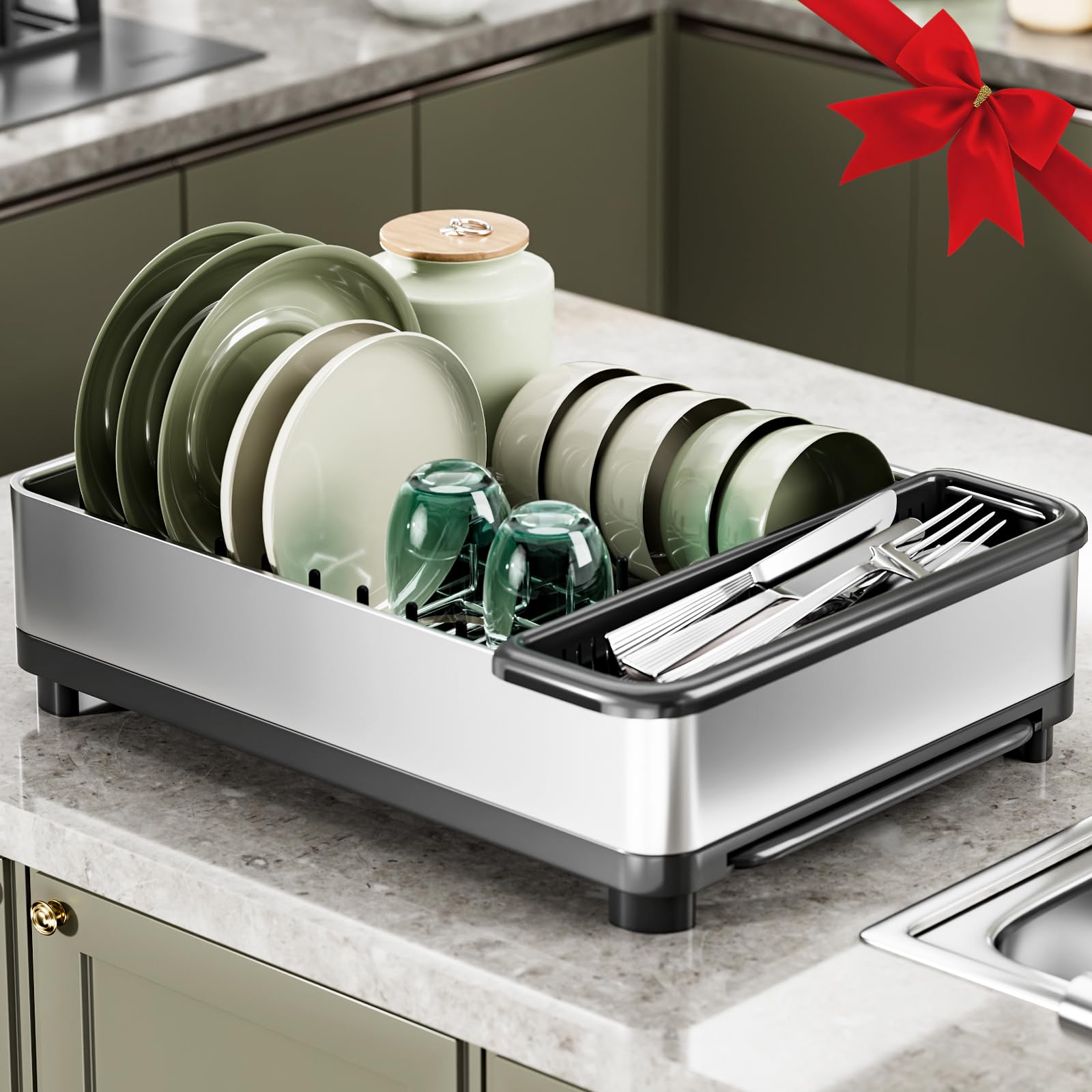 Ewaiira Dish Drying Rack, 304 Stainless Steel Dish Racks for Kitchen Counter, Dish Drainers with Automatic Drainage, Utensil Holder &amp; Cups Holder, Space Saving Kitchen Organizer (1-Tier Silver)
