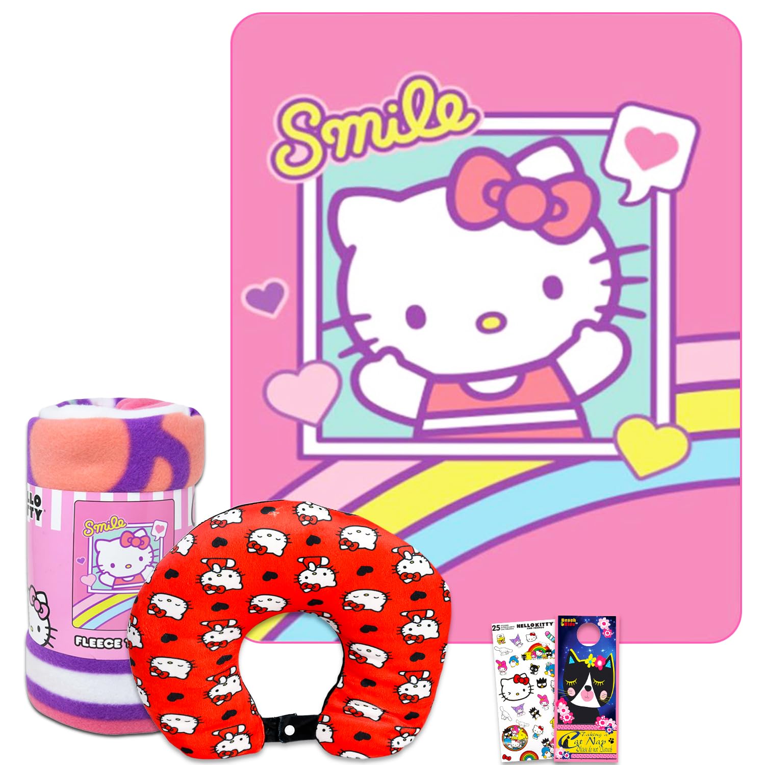Set Da Viaggio Hello Kitty Con Cuscino Cervicale, Coperta My Melody, Tatuaggi E Libro Attività - Ufficiale