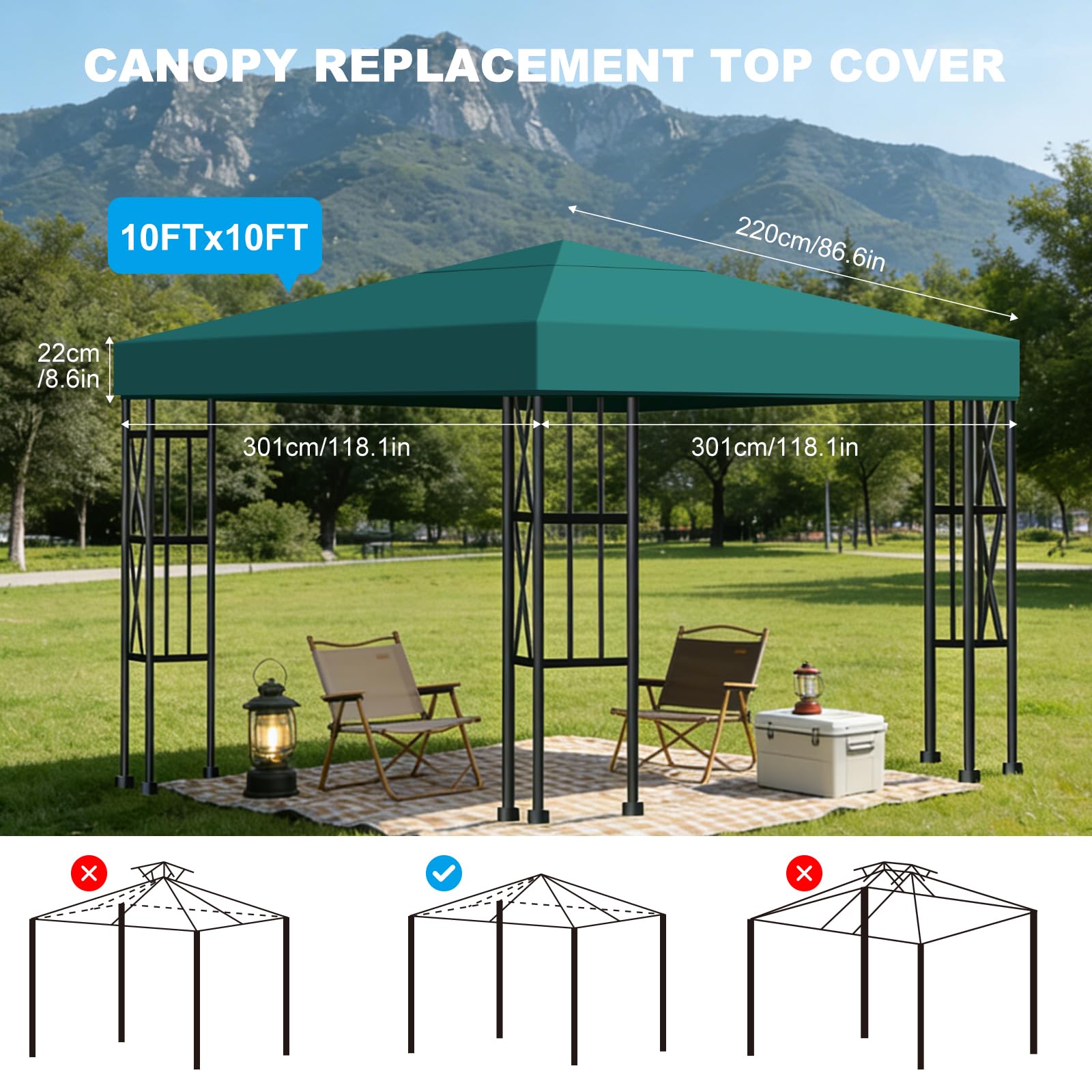 Telo di Ricambio per Gazebo 3x3m, Impermeabile e Anti-UV 300D, Copertura Rimovibile per Pergola con Fascette in Velcro Rinforzate, Ideale per Giardino, Terrazza, Campeggio e Spiaggia,Verde