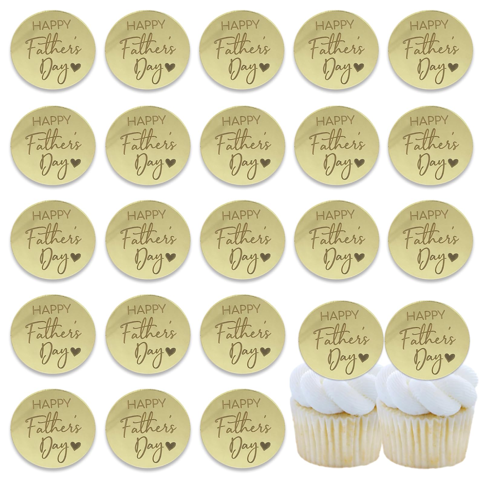 Photo 1 of 20Pcs Happy Father's Day Cupcake Topper Acrylic Golden Mirror Disc Round Engraved Cake Decoration for Father's Day Birthday Party Supplies