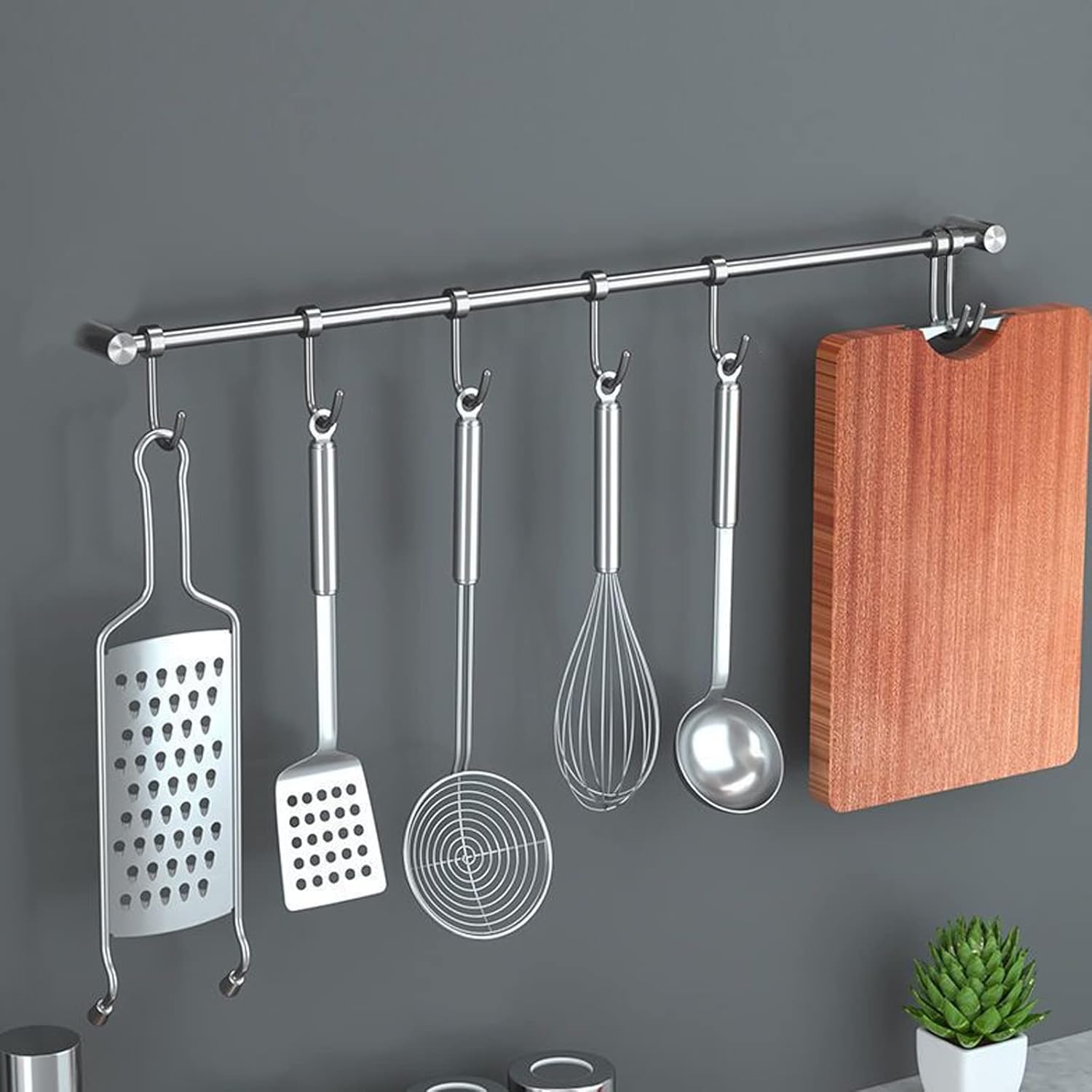Luabue Colgador Utensilios Cocina Acero Inoxidable Utensilios de Cocina con 7 Gancho Barra Cocina Colgar Utensilios 40 cm Colgador de Pared para Utensilios de Cocina, Plata