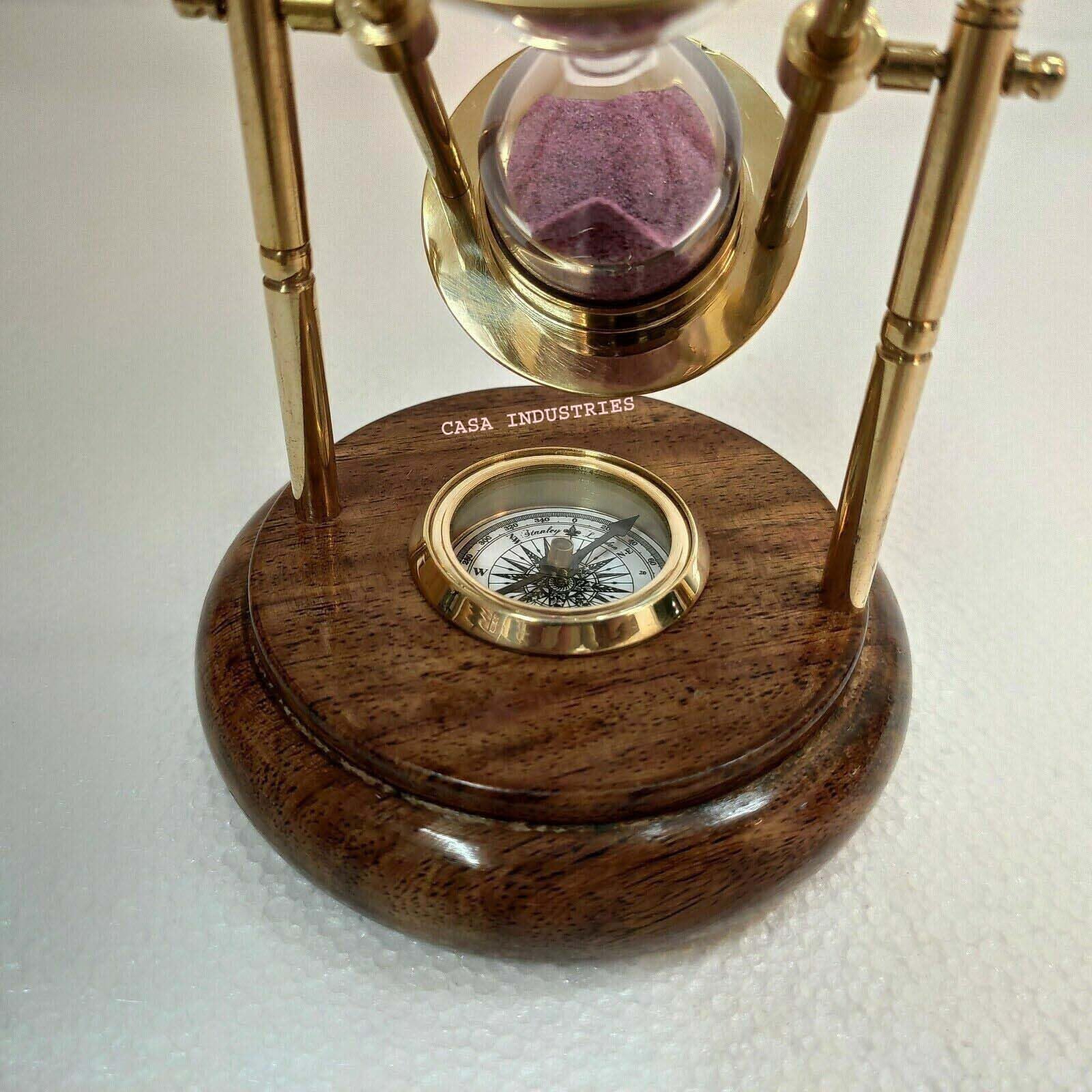 Reloj de arena giratorio de latón antiguo de 6 pulgadas, brújula con base de madera, regalo náutico