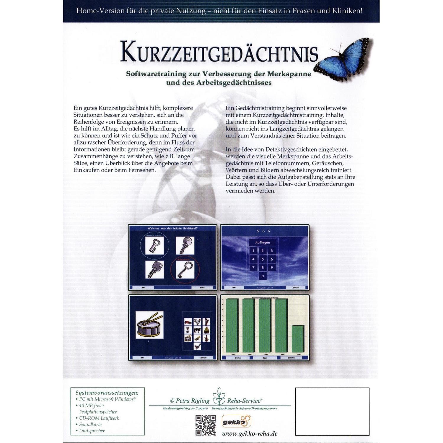 Kurzzeitgedächtnis- Schlaganfall, Schädel-Hirn-Trauma (SHT) und Gehirn-OP - Reha-Softwaretraining zur Verbesserung der Merkspanne und des Arbeitsgedächtnisses von Petra Rigling
