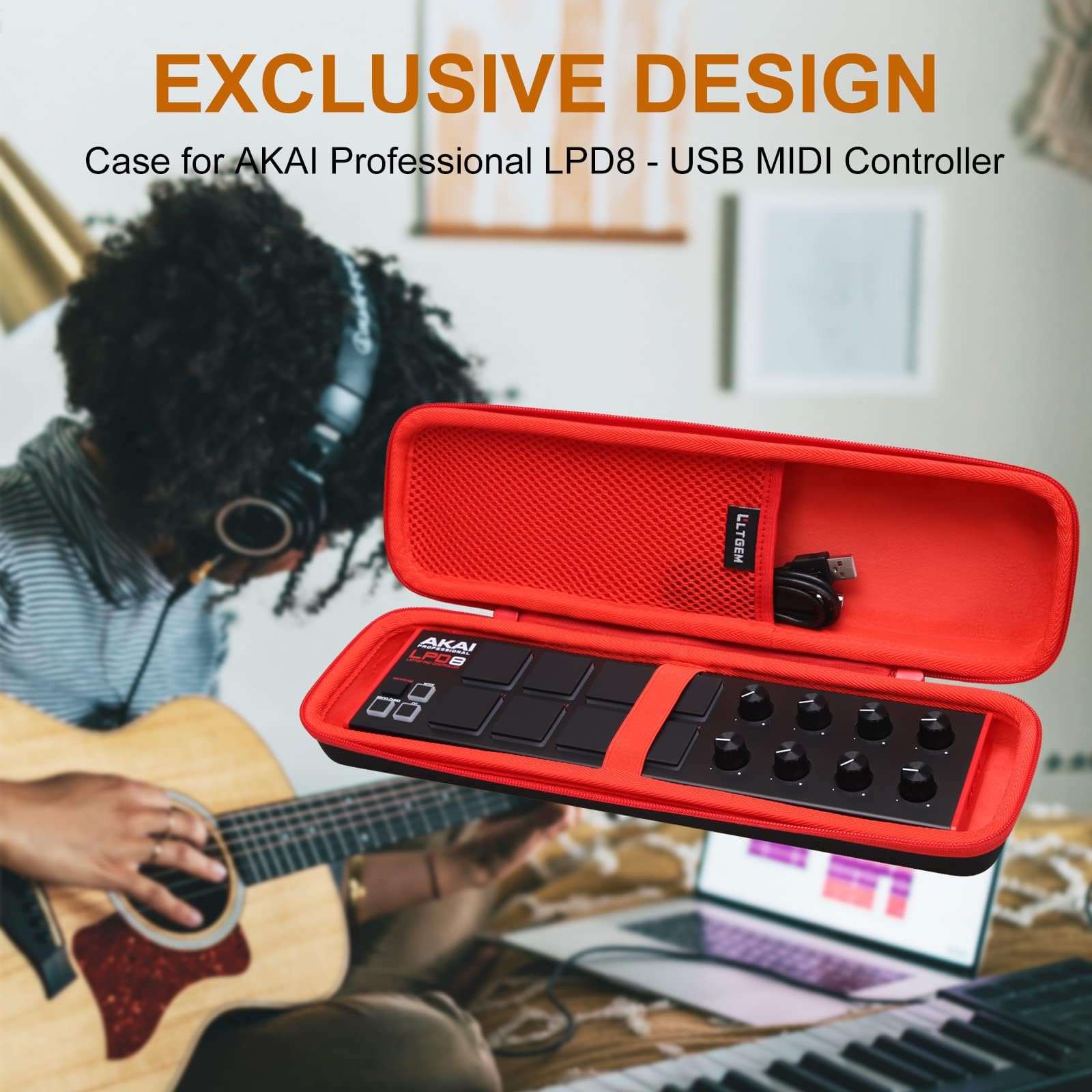 LTGEM Hard Case for AKAI Professional LPD8 MK2 USB MIDI Laptop Pad Controller (New Model), Inside: 14.1"x 4.1"x 2.3", Black+Red