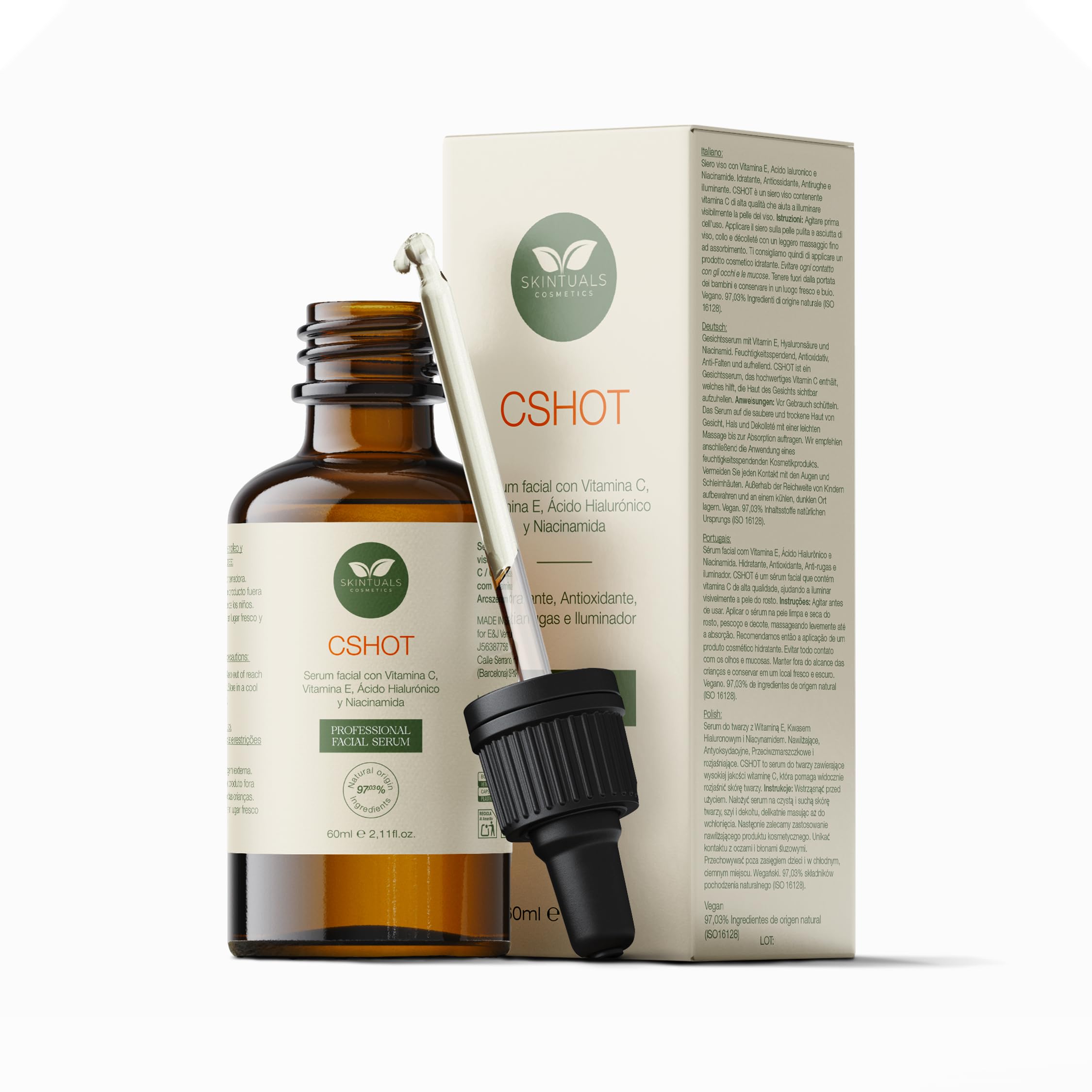 Sérum Facial con Vitamina C, E, Ácido Hialurónico, Niacinamida y Aloe Vera 60ml. - Hidratación Profunda, Antioxidante, Antiarrugas, Iluminador con Ingredientes Naturales by Skintuals Cosmetics