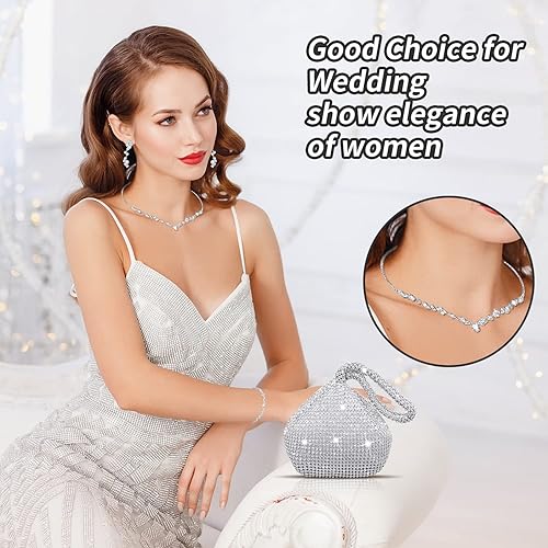 Miniatura 5 de Juego de 4 joyas de diamantes de imitación, monedero de embrague, conjuntos de joyas de graduación, joyería nupcial de boda, collar de diamantes