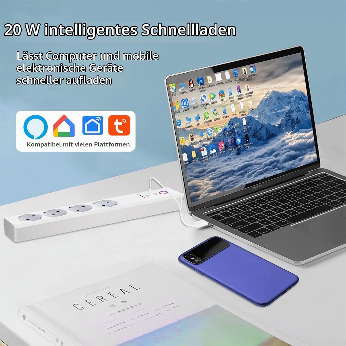 UseeLink Matter Steckdosenleiste,16A 4 Steckdosen 1 USB A/2 Typ-C(Schnellladen) Mehrfachsteckdose mit Überspannungsschutz, Alexa,Google Home, HomeKit, 2,4Ghz