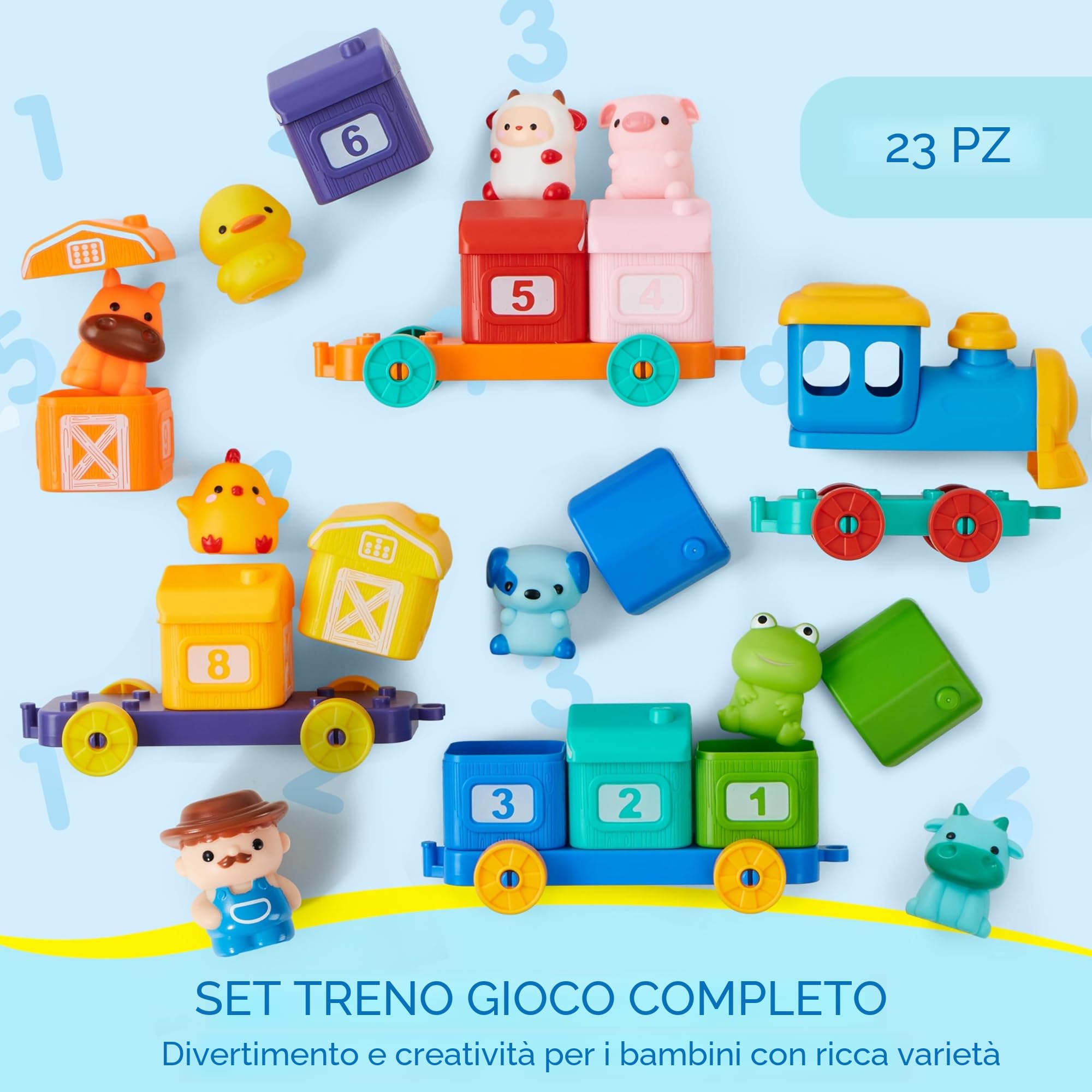 Play-Act Giocattolo Montessori, Treno Giocattolo Animali della Fattoria, Giochi Componibili con Conteggio, Abbinamento e Ordinamento, con 9 Animali e 1 Contadino,Gioco Educativo per Bambini 1-3 Anni