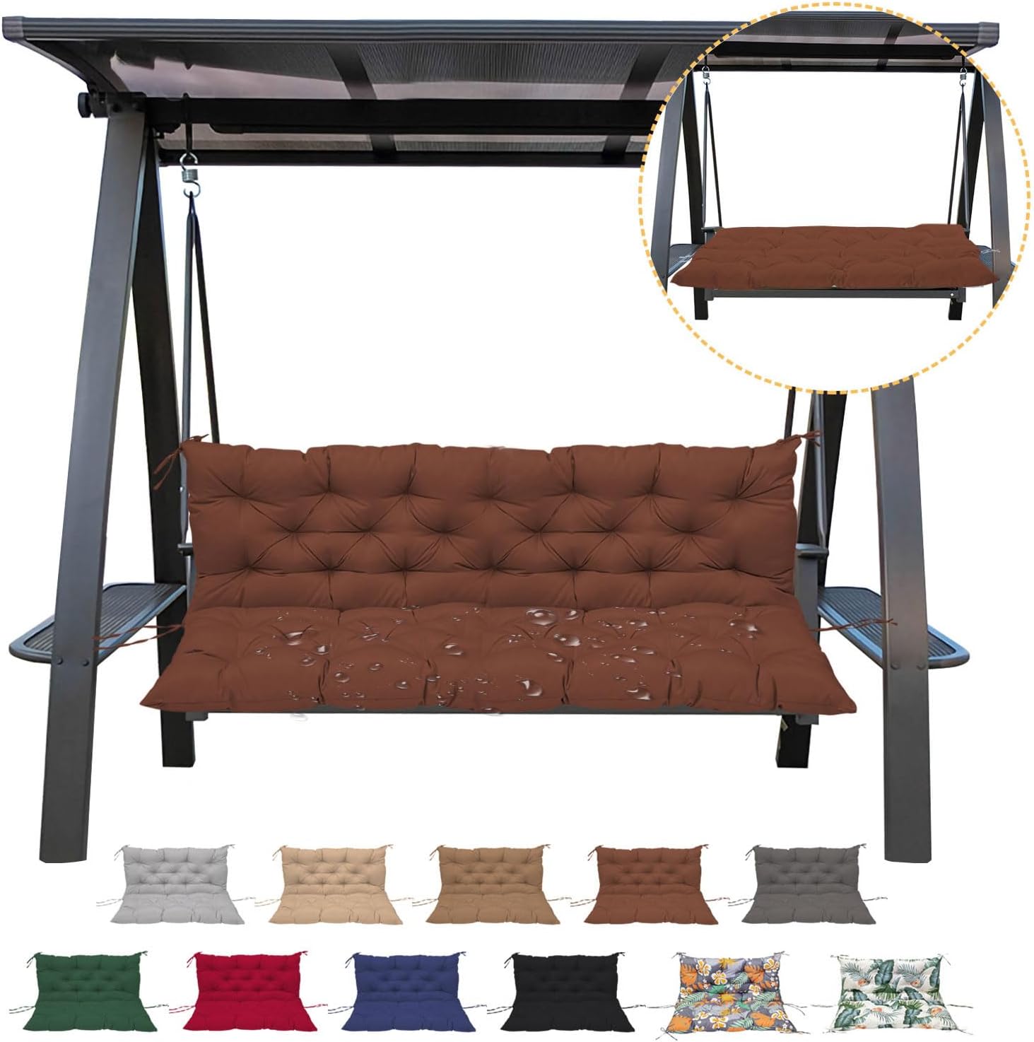 Porch Swing Cushion with Backrest,Waterproof Bench Cushion for Outdoor Furniture,2-3 Seater Replacement Thickened swing cushion with Ties,Patio,Outdoor,Backyard and Garden (Coffee,47x40) Coffee 47x40"