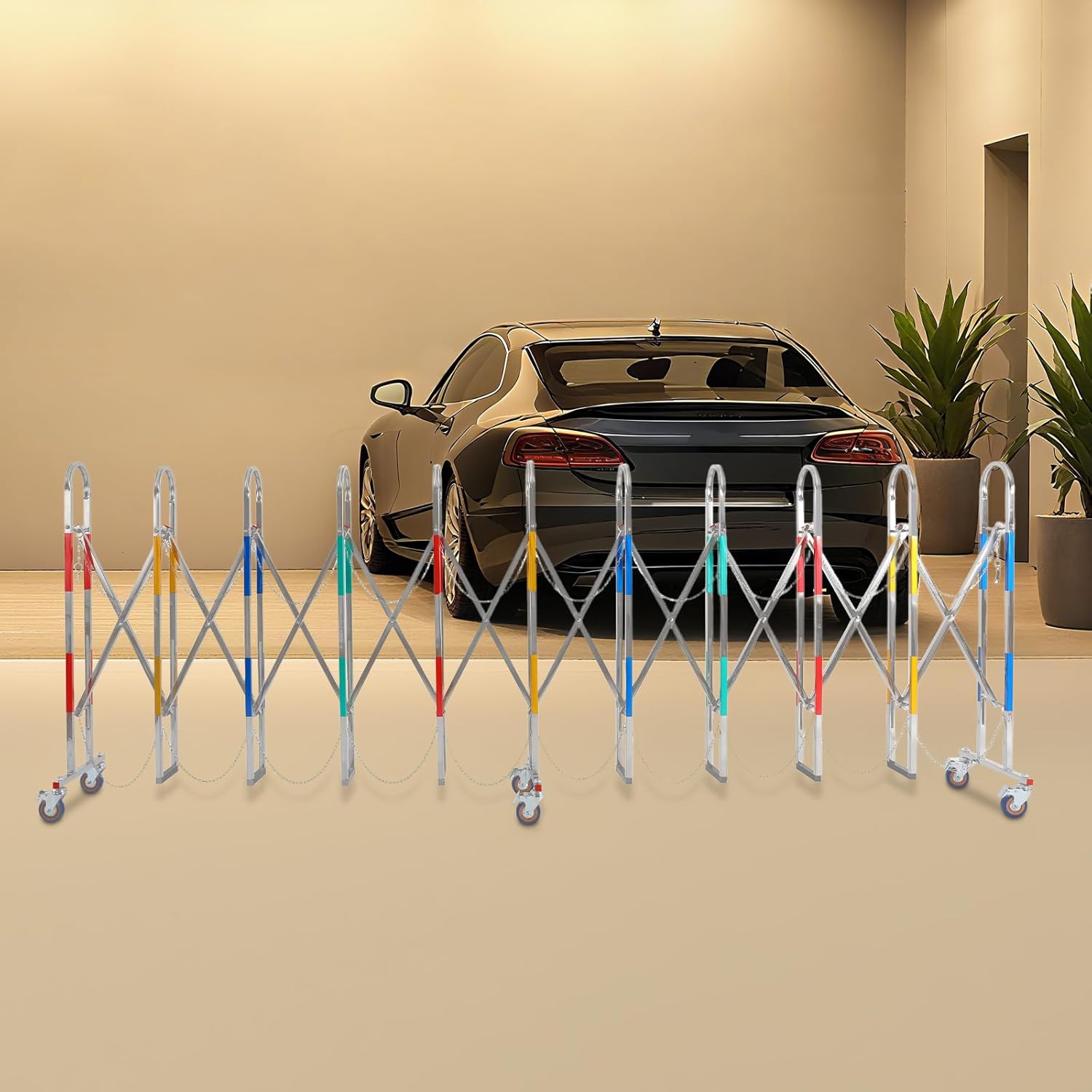 Portable Barrier | Industrial Expandable Metal Barricade Gate | Safety Barrier with Casters | 8.66-196.85in Expandable Mobile Barricade | Double-Row Arch | Chain and Hook (Colorful)