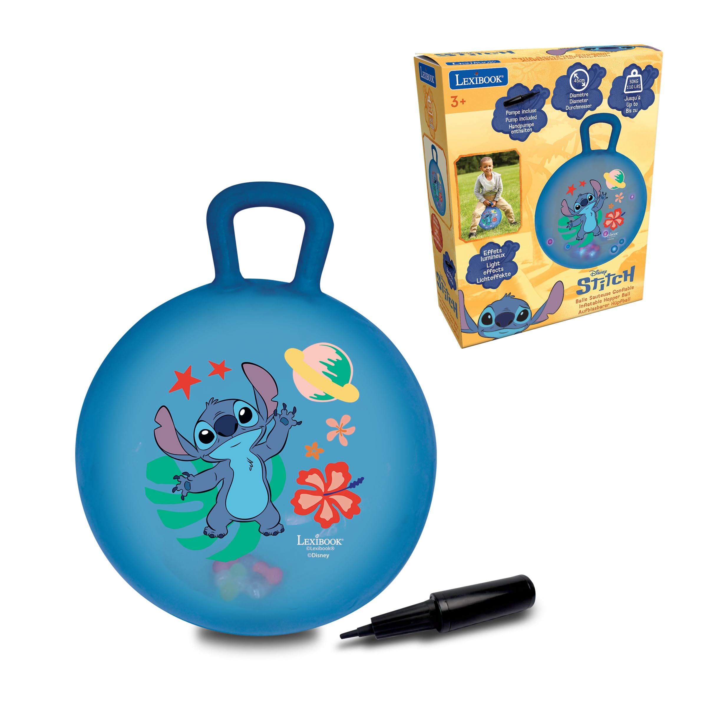 Lexibook, Stitch Pallone Gonfiabile con Palline Luminose e Colorate Integrate, Pompa a Mano Inclusa, plastica sicura e Resistente, Blu, BG040D