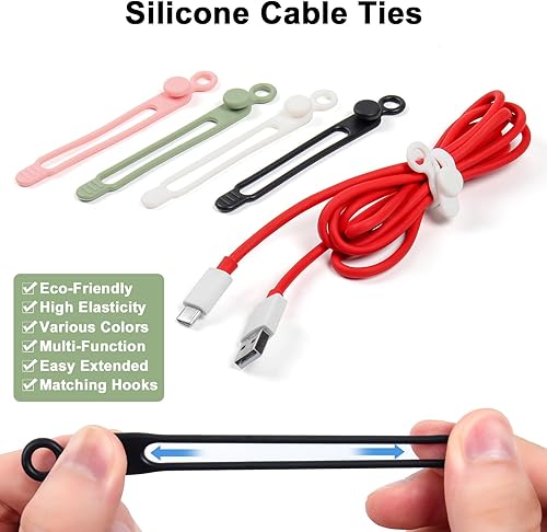 Miniatura 2 de OneLeaf 48 bridas de silicona para cables, bridas elásticas para organizador de cables, gestión de cables reutilizable, organizador de cables,