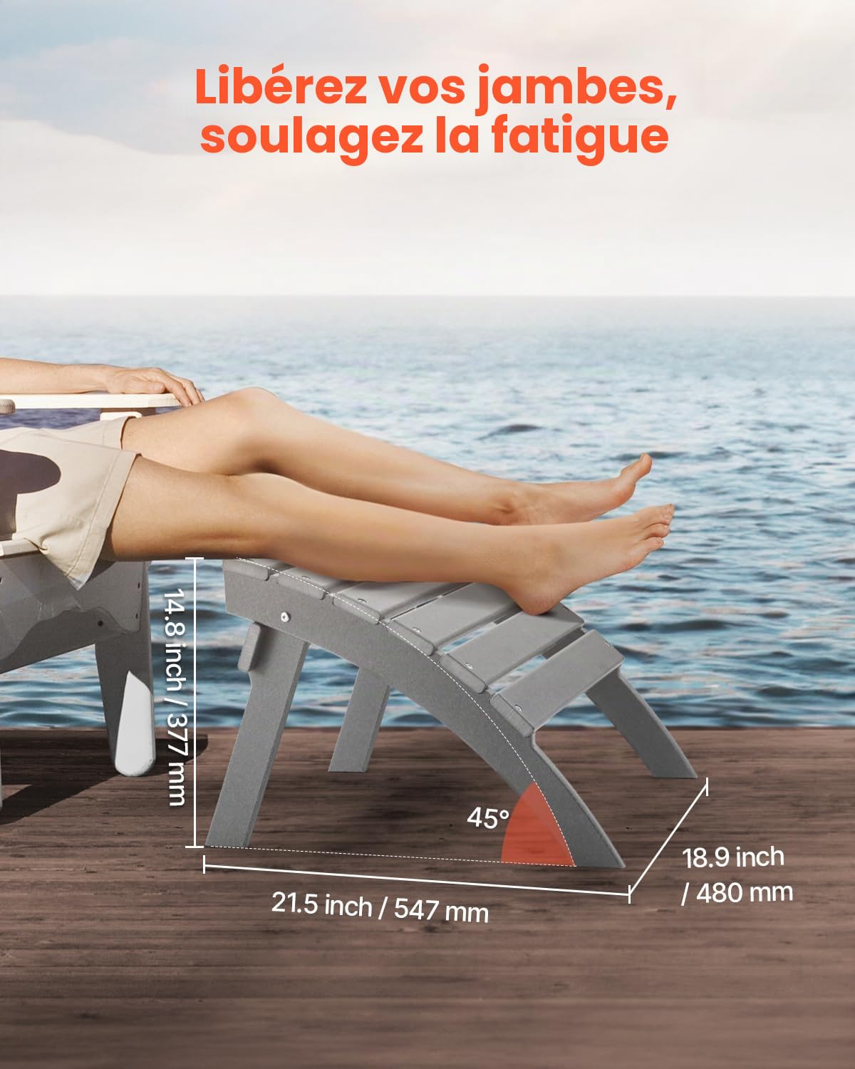 VEVOR Repose-pieds Pliable Adirondack, 547x480x377 mm, en PEHD, Résistant aux Intempéries pour Chaise Adirondack, Montage Facile, pour Extérieur, Patio, Porche, Piscine, Pelouse, Arrière-cour, Gris