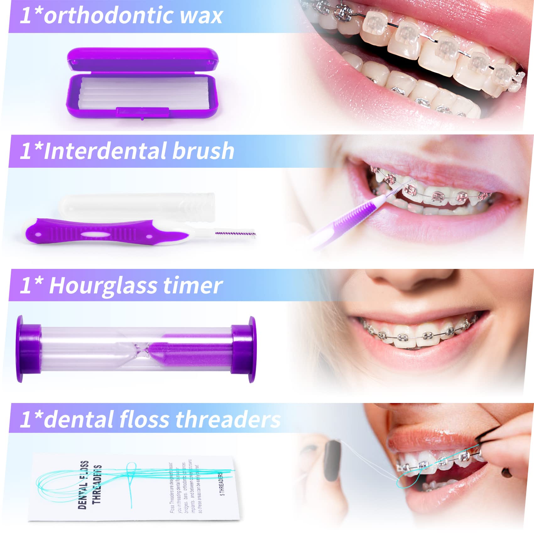 Zahnspangen-Set, Reinigungswerkzeug, Box mit 8 Stück, für Kieferorthopädische, tragbare Reise-Zahnspangen, Zahnzwischenbürste, Ortho-Wachs, Zahnseide, Mundspiegel im Lieferumfang enthalten – Violett