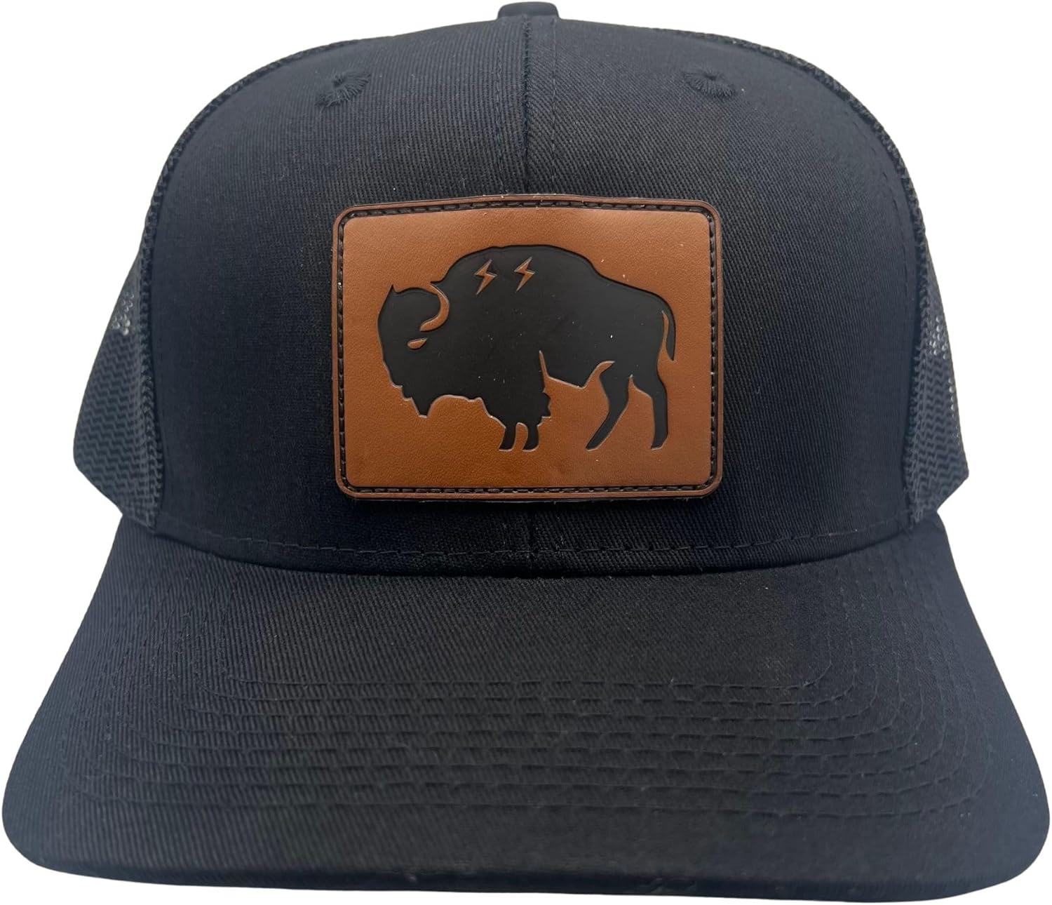 Curved Bill Trucker Hat – All Black Snapback Cap with Leather Buffalo Patch – Breathable Mesh Back Outdoor Hat for Men – Adjustable Trucker Cap