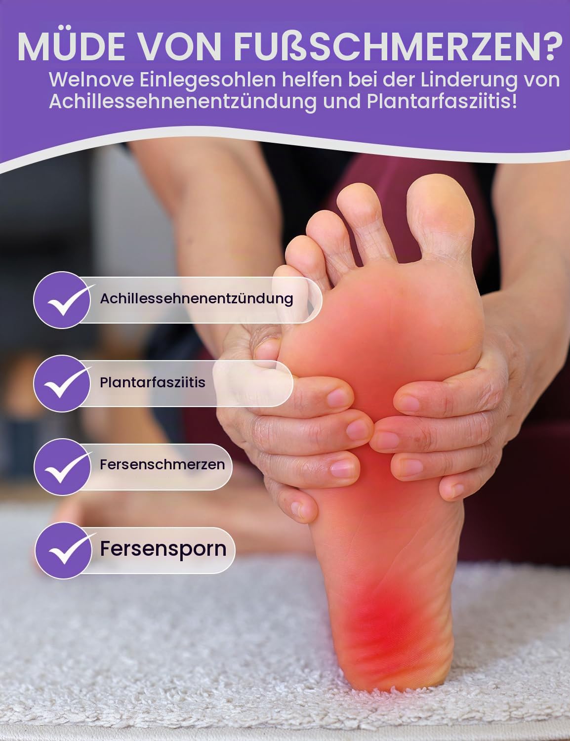 Welnove Einlegesohlen Achillessehnenentzündung–Orthopädische Einlegesohlen bei Plantarfasziitis–Schuheinlagen Orthopädische mit verdicktem Fersenkissen zur fersenschmerzen-D-Damen 40-41|Herren 38-39