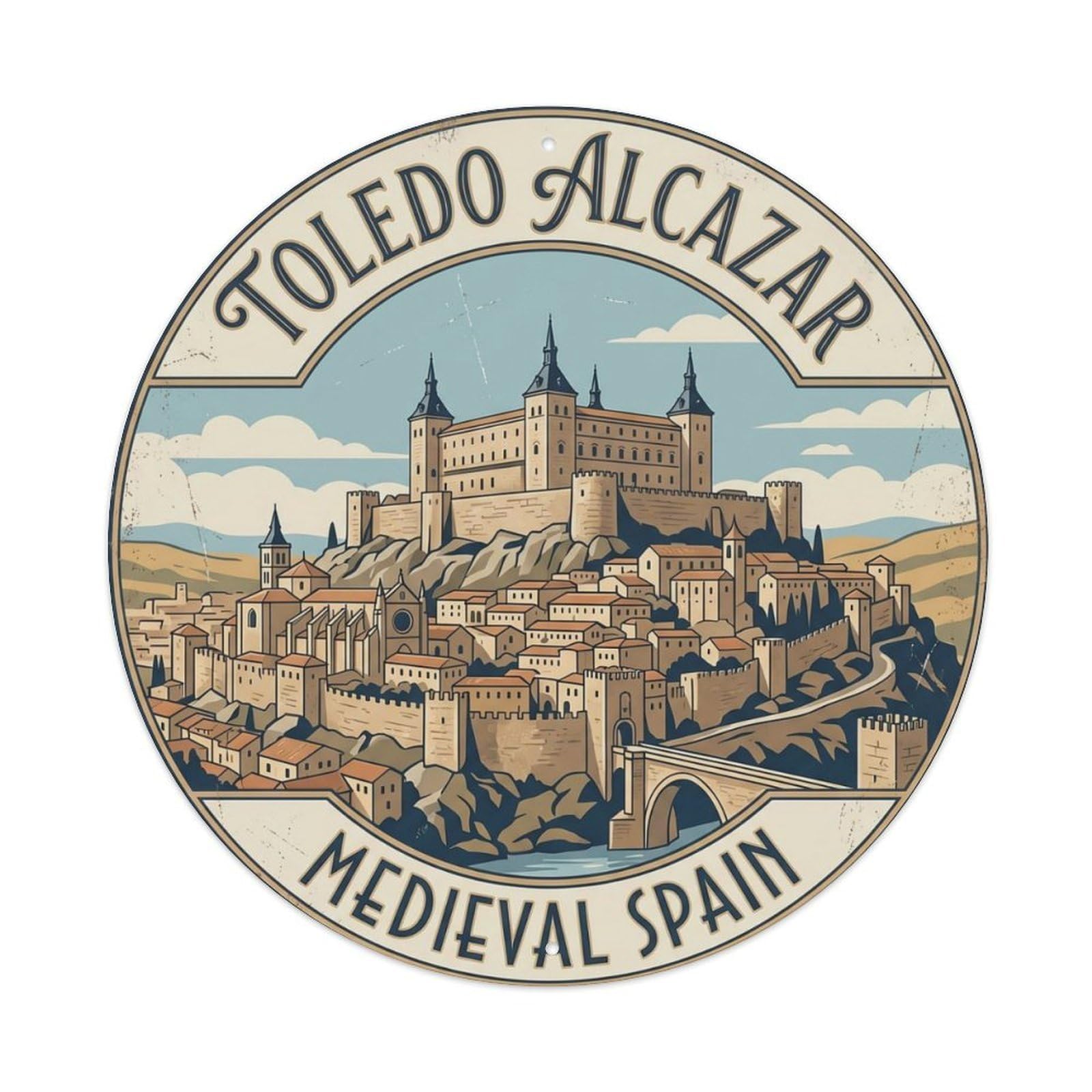 Toledo Alcazar Medieval Spain Fortress Metal Tin Sign Plaque Wall Decor for Cafe, Club Bar, Office, Home Garden Round Metal Poster 8x8Inch