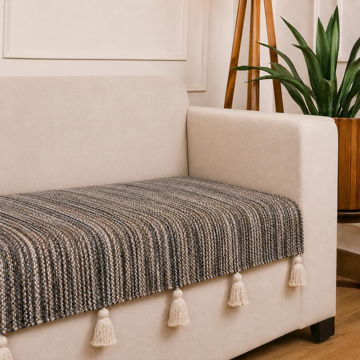 STITCHNEST 'Nomad Weave Collection' 1 Seater Sofa Cover|Elegant Jacquard Fabric, Decorative Tassels, Washable & Durable for Modern Living