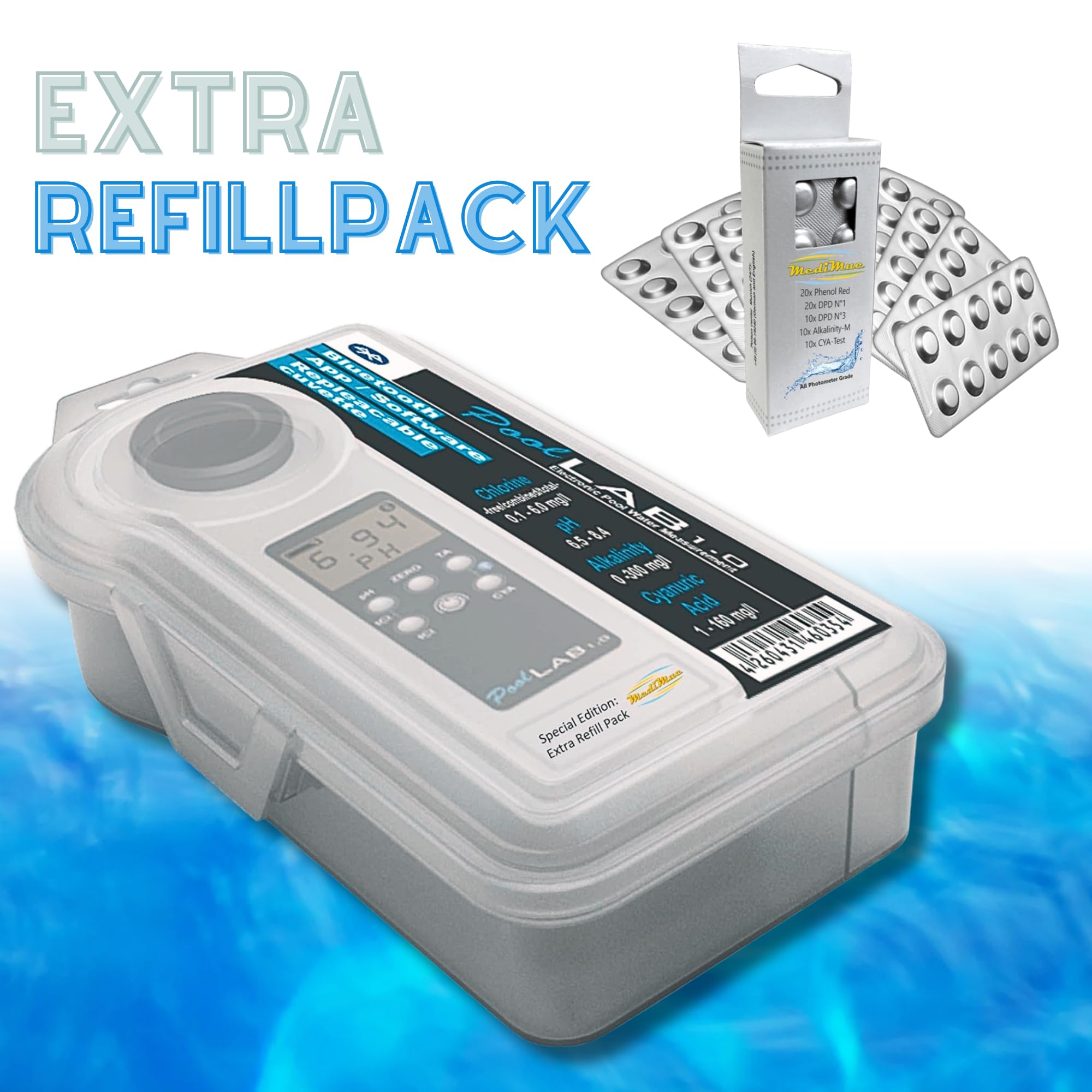 PoolLab 1.0 - 13 in 1 Photometer mit 70 Tabletten - Special Edition für MediMuc - plus einem EXTRA Tabletten Pack | 70 Tabletten, Extra Tabletten Pack