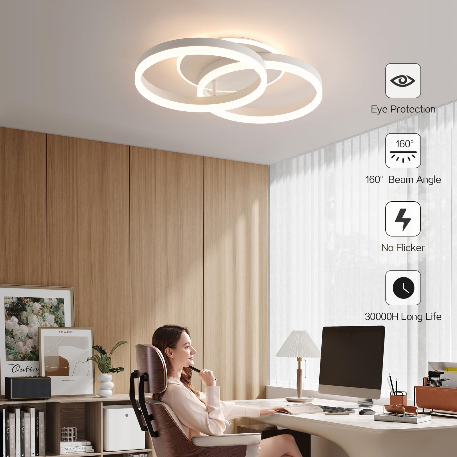 LED Deckenlampe Wohnzimmer 50cm 2-Ringe Design, 36W Deckenleuchte Moderne mit Fernbedienung Dimmbar, aus Metall+Acryl,Mit Nachtlicht Memory-Funktion, für Schlafzimmer, Esszimmer, Büro,Weiß