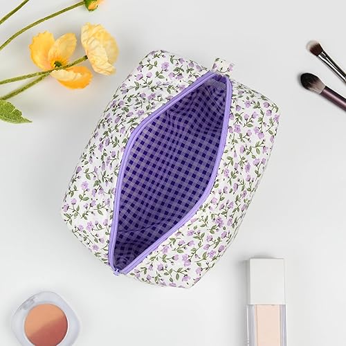 Miniatura 4 de Bolsa de maquillaje floral acolchada para cosméticos, bolsa de maquillaje de coqueta inflada, bolsa de maquillaje estética grande de viaje,