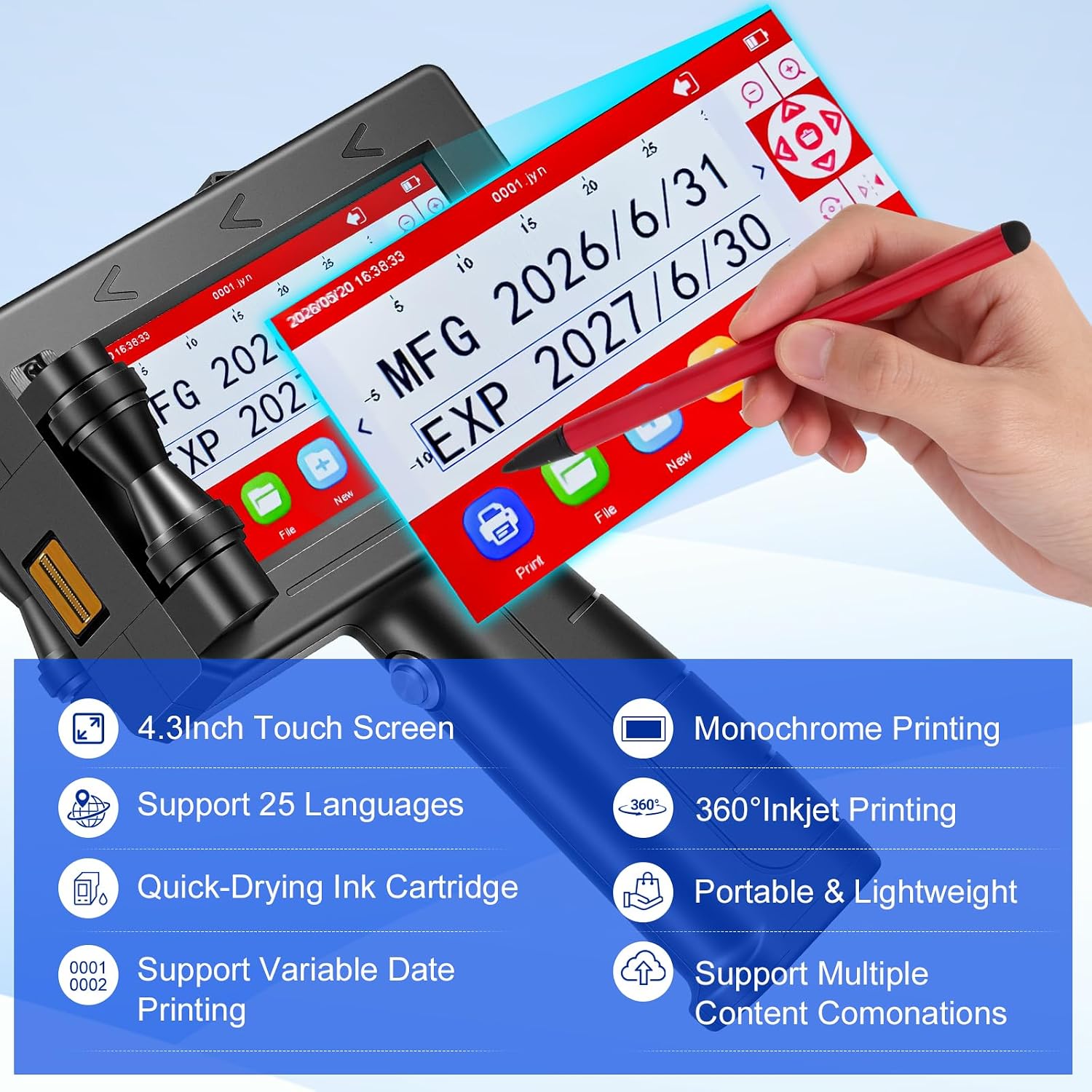 TIJ790 Handheld Inkjet Printer, Portable Handheld Inkjet Printer, with 42ml Quick Drying Ink Cartridge Handheld Inkjet Printer Gun, Suitable for Date/Batch/QR Code/Barcode/Image Handheld Printers, 6 711UshLP9sL. AC SL1500