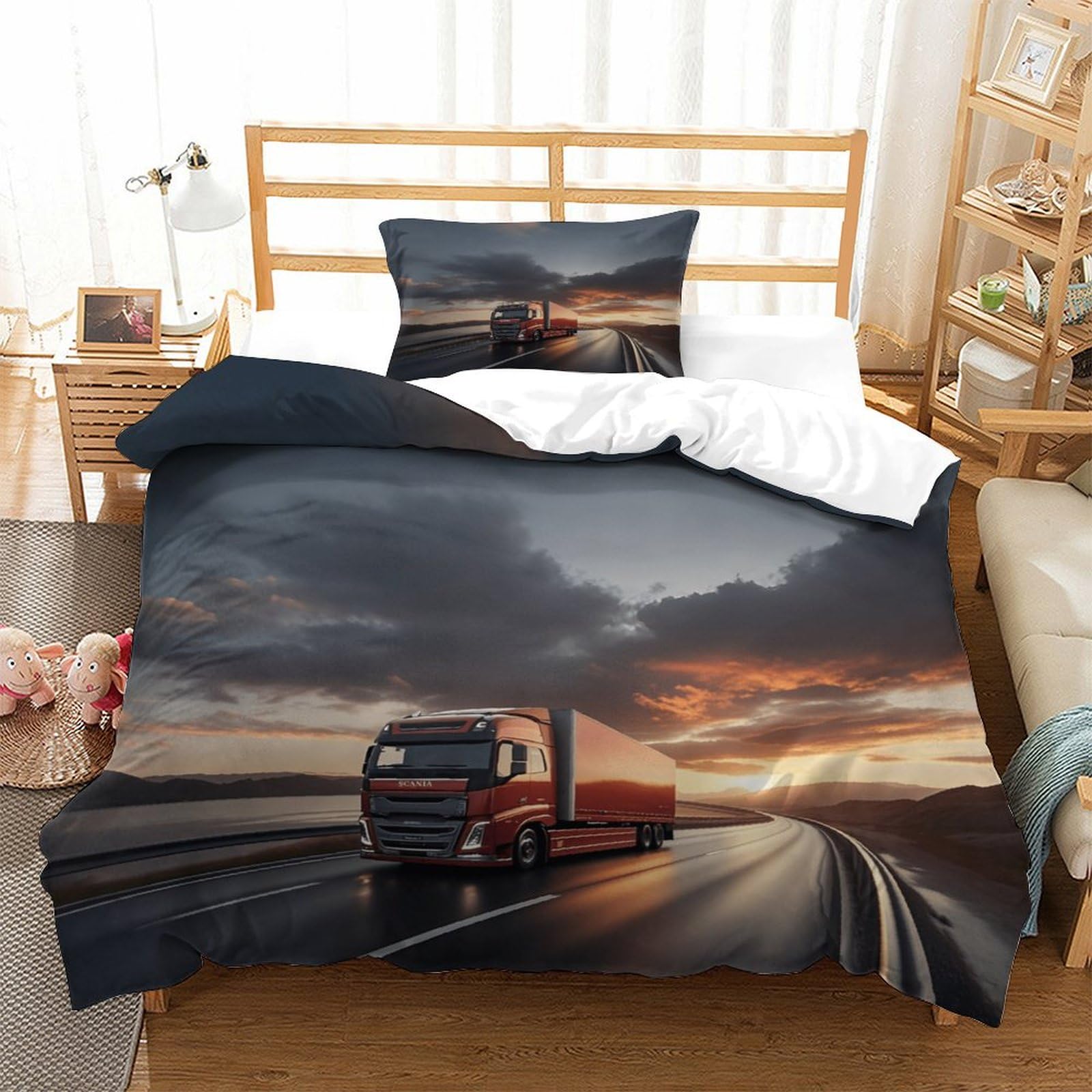 LILIlaobiao 3D Pattern Lorry Bedding Set, Warm to Sleep Truck Duvet Cover Set for Boy & Girl Microfiber Quilt Cover Skin-friendly & Hypoallergenic Bed Linen Set Single（135x200cm）