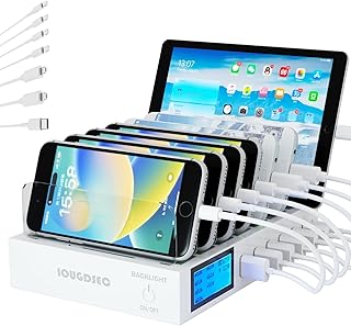Station de charge rapide PD20W QC3.0 multi-ports USB, station de charge 7 en 1 pour plusieurs appareils avec écran LCD compatible avec iPhone, iPad, Samsung, Huawei et plus encore