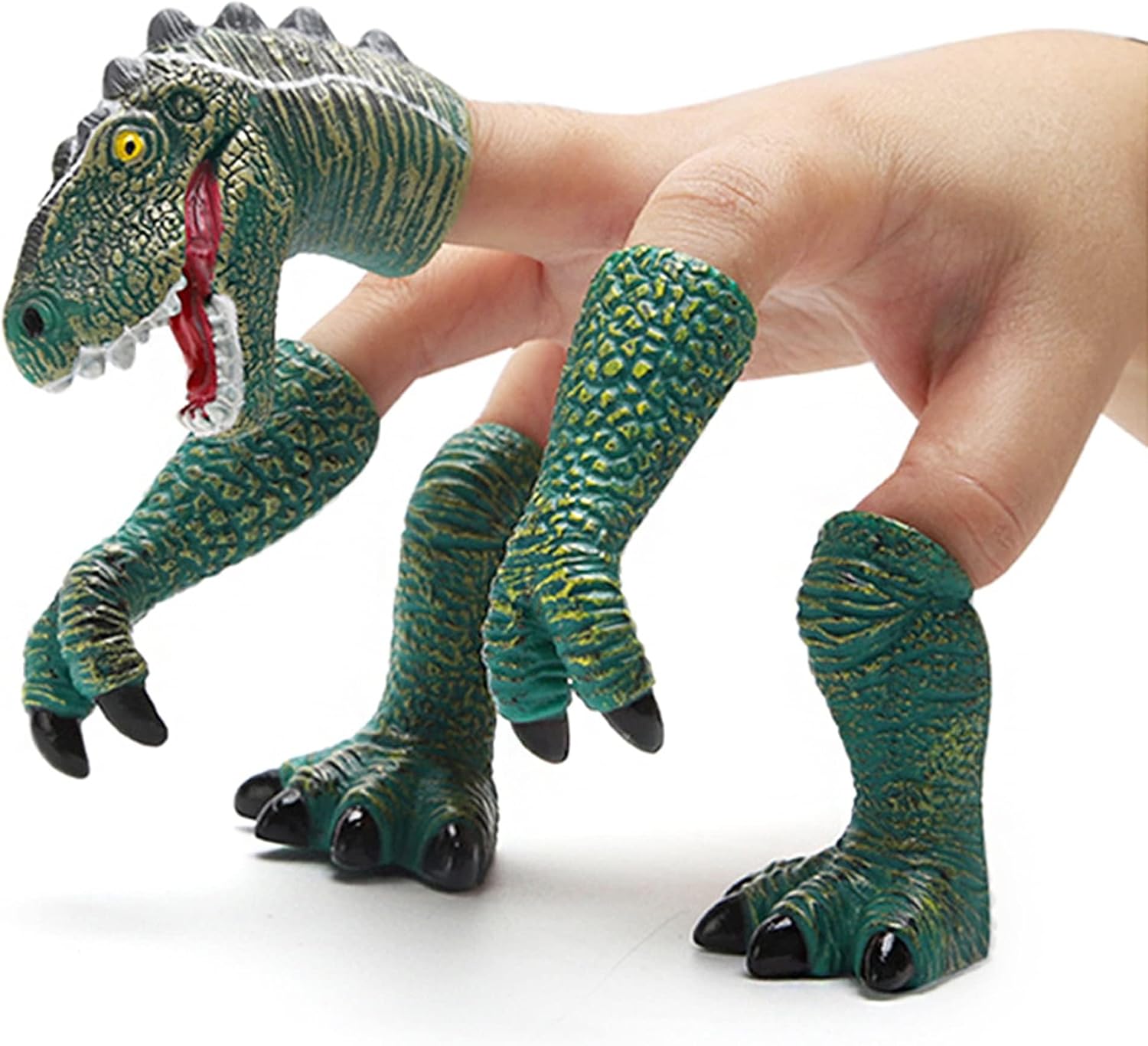 Green dinosaur finger puppet set with a head and four limb pieces worn on a hand, showing scaled texture and black claws.