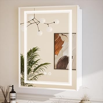 TETOTE 24 x 30 White Led Lighted Medicine Cabinet Mirror with 3-Color Lights, Wall Mount or Recessed Cabinet Mirror for Bathroom with Storage, Tempered Glass, 2 Outlets, Anti-Fog, Adjustable Shelf