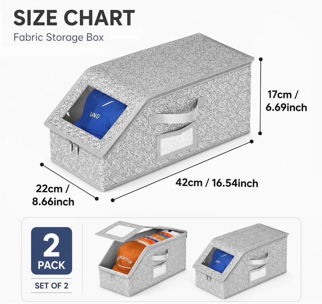 2PCS Clear Window Hat Storage Box, Stackable Breathable Baseball Cap Organizer, Closet Cap Container for Snapback Trucker Fitted Hats (16.54 × 8.66 × 6.69 In-2park)