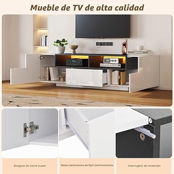 Mueble de TV con 2 puertas, LED para televisor hasta 75, mueble de TV bajo con gran espacio de almacenamiento, con 2 puertas, para salón, comedor, dormitorio, blanco