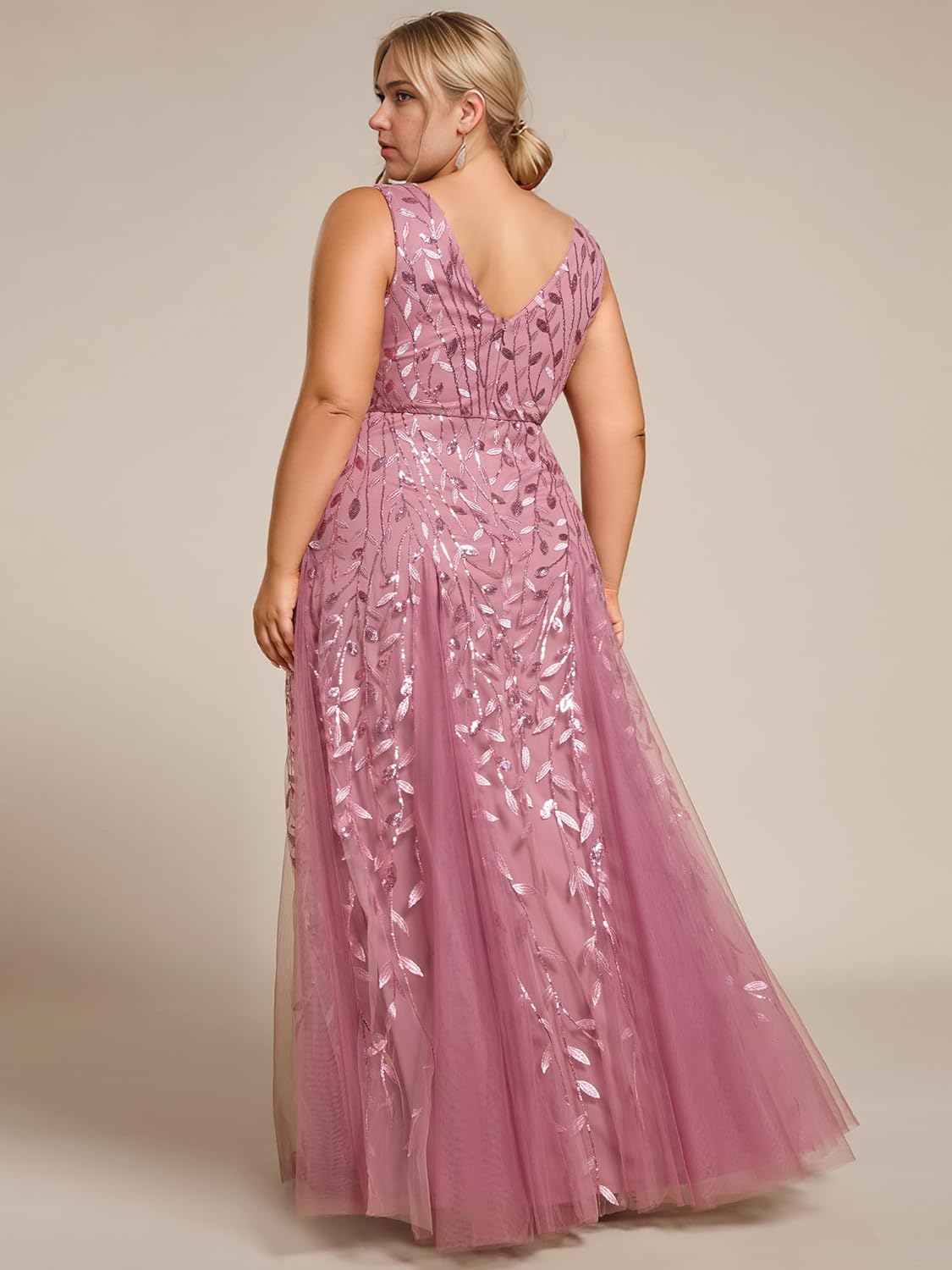 Ever-Pretty Women's Floor Length V Neck Backless A-line Sleeveless Tulle Sequin Emboridery Plus Size Formal Dresses